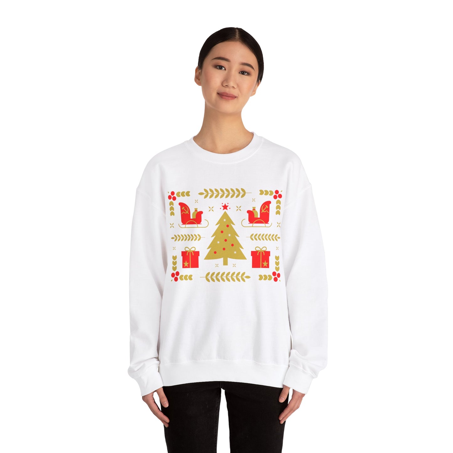 Communist Christmas Sweater with Tree Sleigh and Gifts Hammer and Sickle Socialist Christmas Unisex Heavy Blend Crewneck Sweatshirt