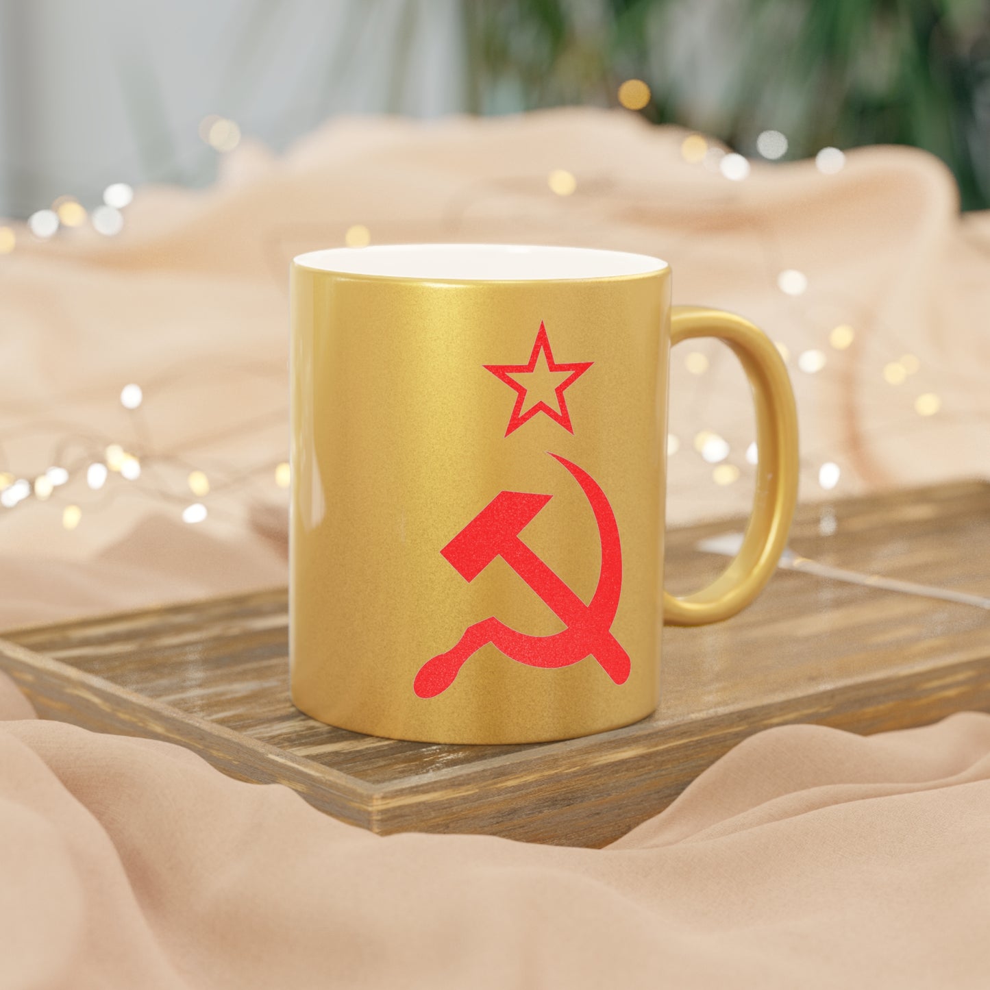 Socialist CCCP Red Hammer and Sickle Communist Leftist Ceramic Metallic Style Mug (Silver / Gold)