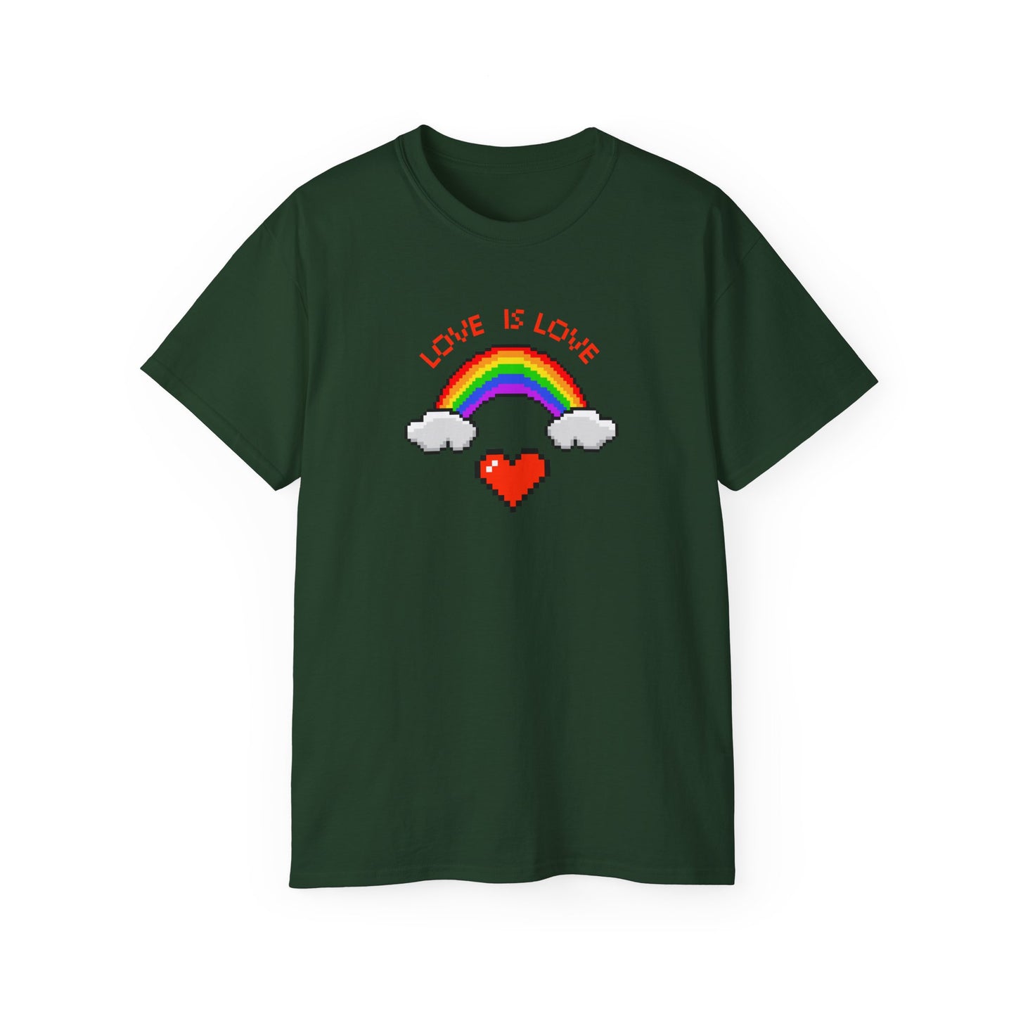 Love is Love Pixel Rainbow and Heart Pride LGBTQ Unisex Ultra Cotton Tee