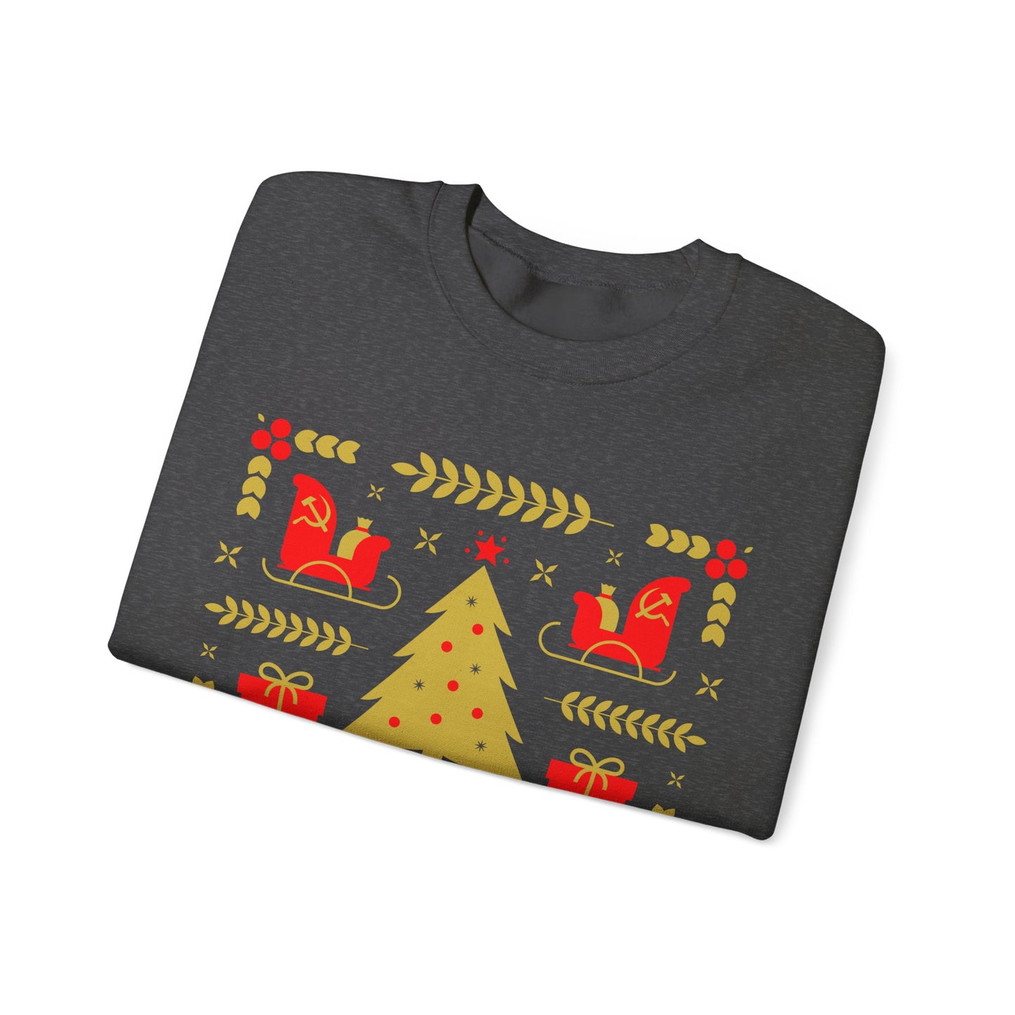 Communist Christmas Sweater with Tree Sleigh and Gifts Hammer and Sickle Socialist Christmas Unisex Heavy Blend Crewneck Sweatshirt