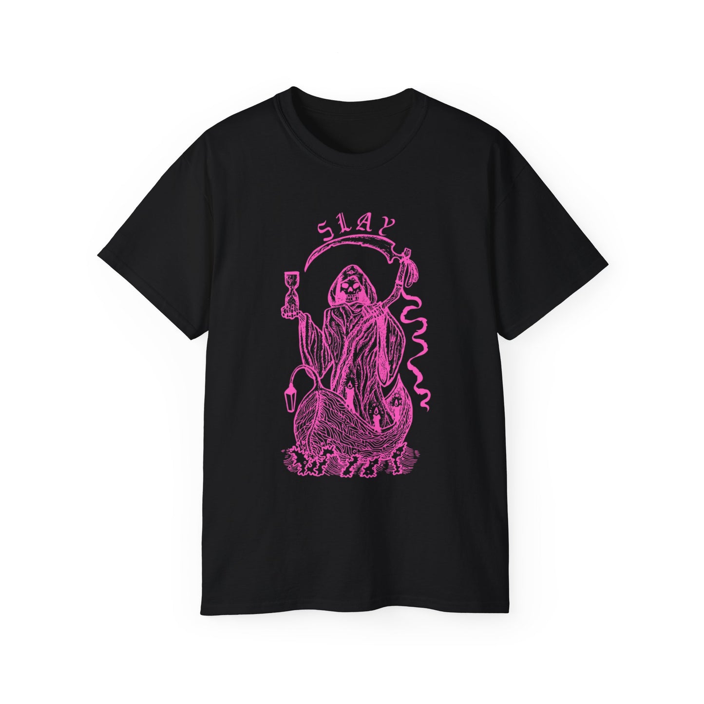 LGBTQ Plus Slay Grim Reaper Crossing The River Styx The Ferry Man with Scythe Gay Lesbian Trans Drag Pride Unisex Ultra Cotton Tee