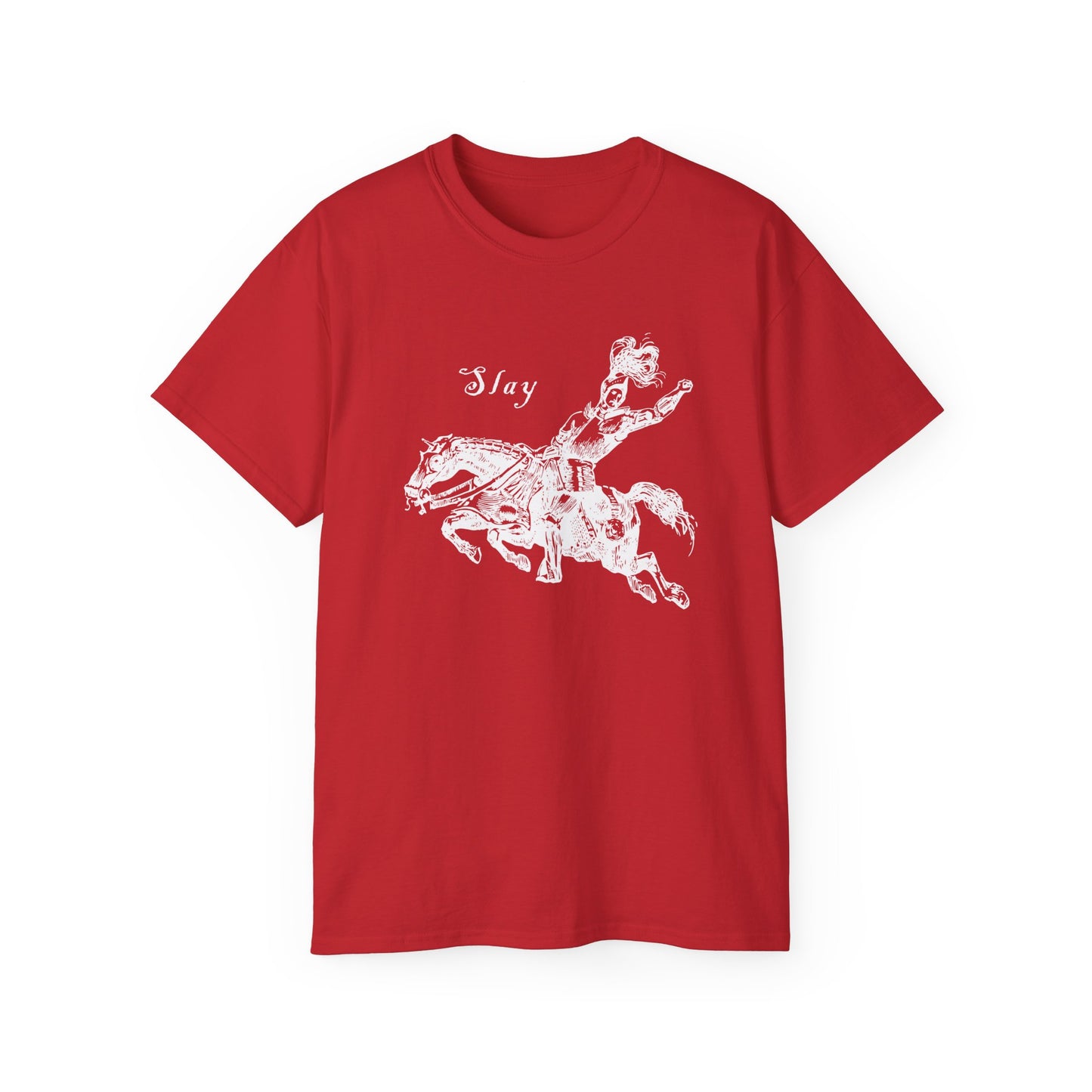 LGBTQ Plus Slay Knight on Galloping Charger Gay Lesbian Bi Trans Queer Warrior and Horse Medieval Print Unisex Ultra Cotton Tee