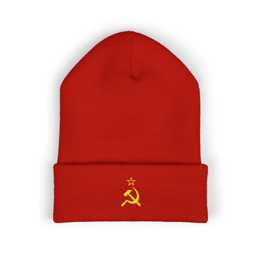 Socialist Leftist Gold Hammer and Sickle Communist Embroidered Cuffed Beanie
