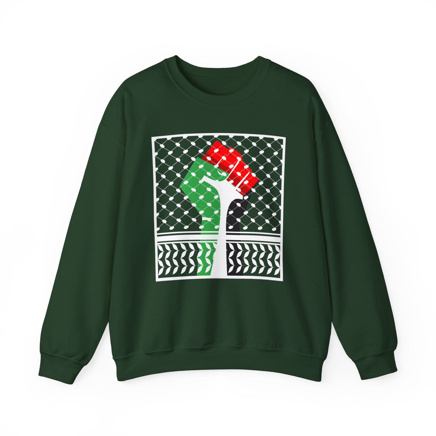 Palestine Solidarity Fist in Palestinian Flag Colours with Keffiyeh Style Design Free Palestine Free Gaza Heavy Blend™ Crewneck Sweatshirt