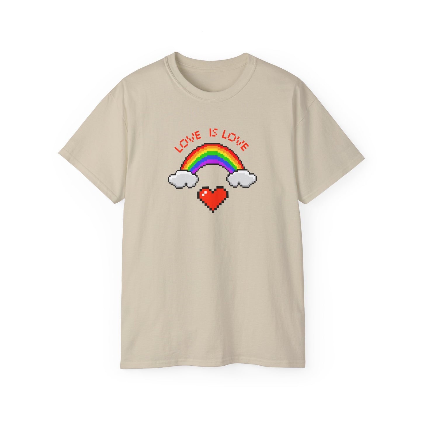 Love is Love Pixel Rainbow and Heart Pride LGBTQ Unisex Ultra Cotton Tee