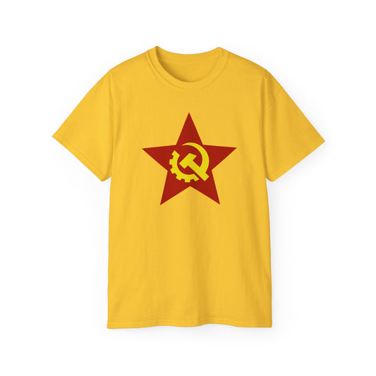 Communist Red Star with Yellow Industrial Style Soviet Hammer and Sickle Socialist Unisex Ultra Cotton Tee