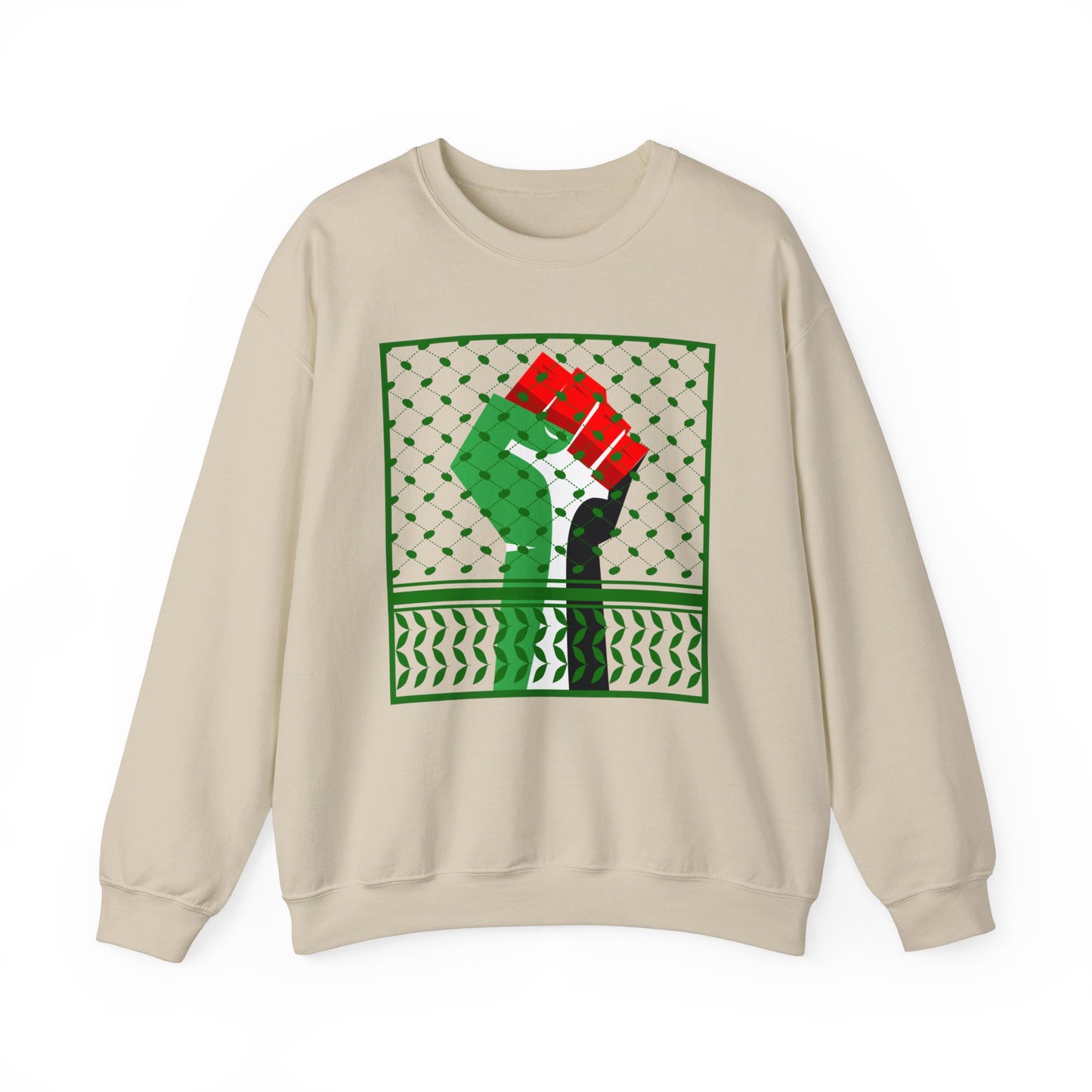 Palestine Solidarity Fist in Palestinian Flag Colours with Keffiyeh Style Design Free Palestine Free Gaza Heavy Blend™ Crewneck Sweatshirt