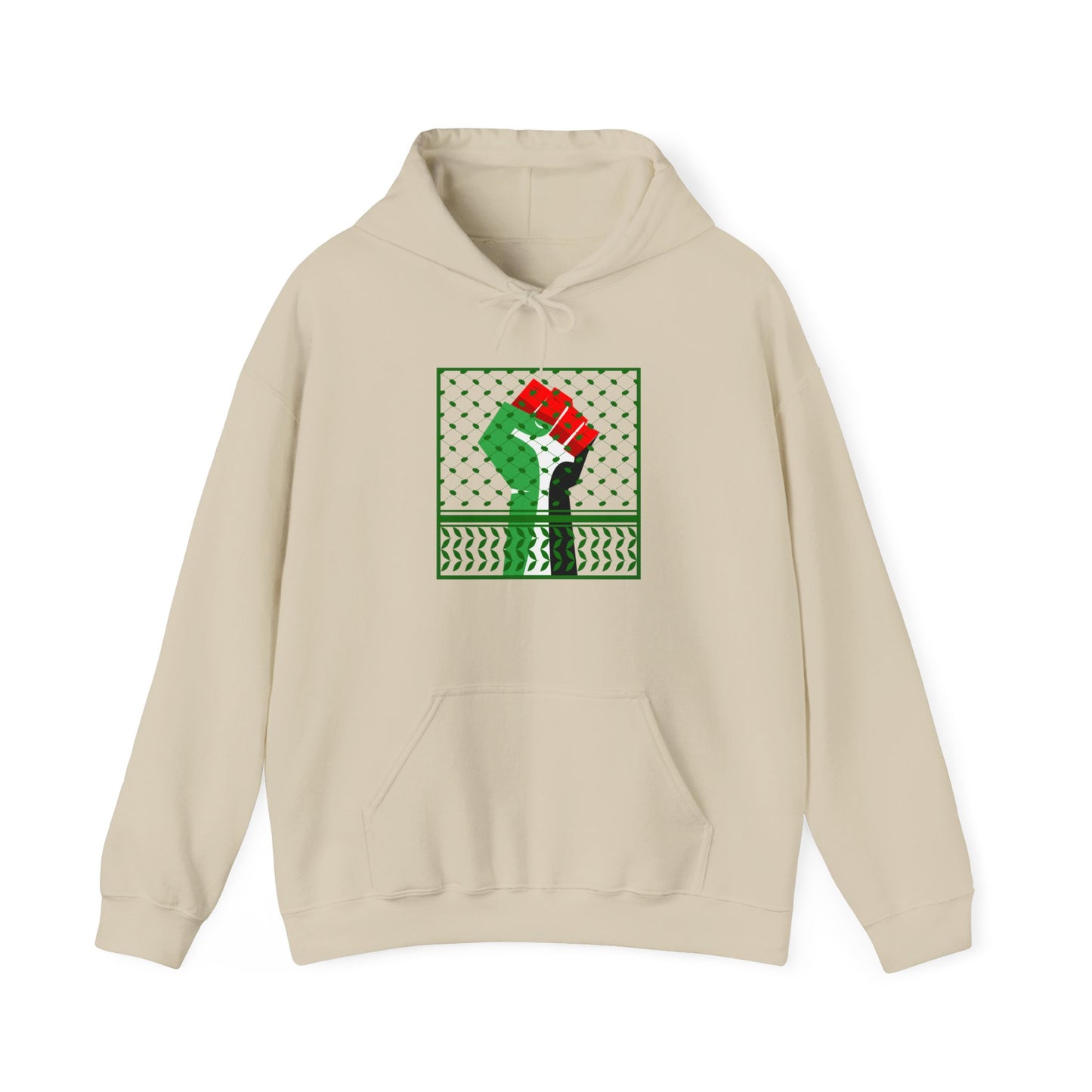 Palestine Solidarity Fist in Palestinian Flag Colours with Keffiyeh Style Design Free Palestine Free Gaza Heavy Blend™ Hooded Sweatshirt