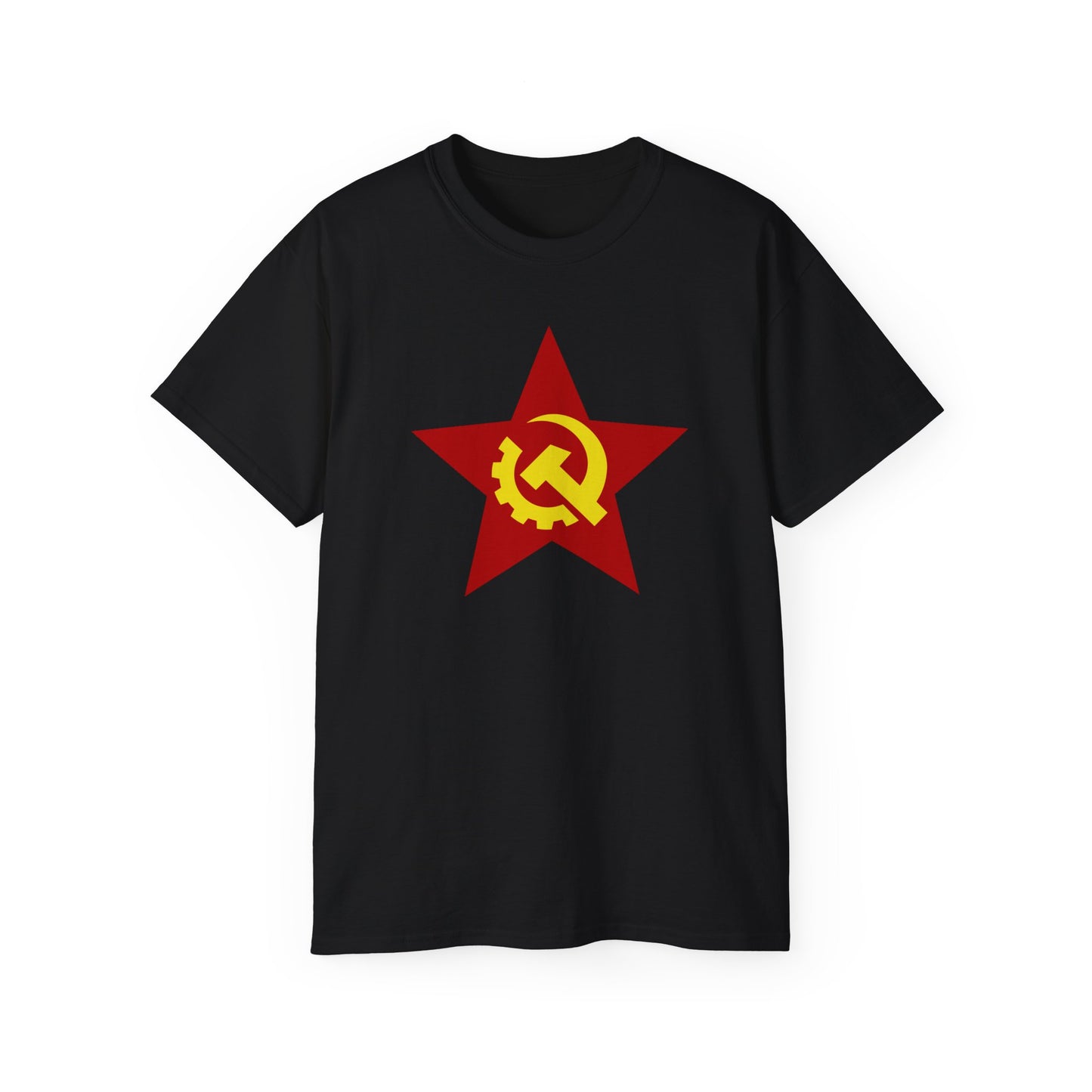 Communist Red Star with Yellow Industrial Style Soviet Hammer and Sickle Socialist Unisex Ultra Cotton Tee