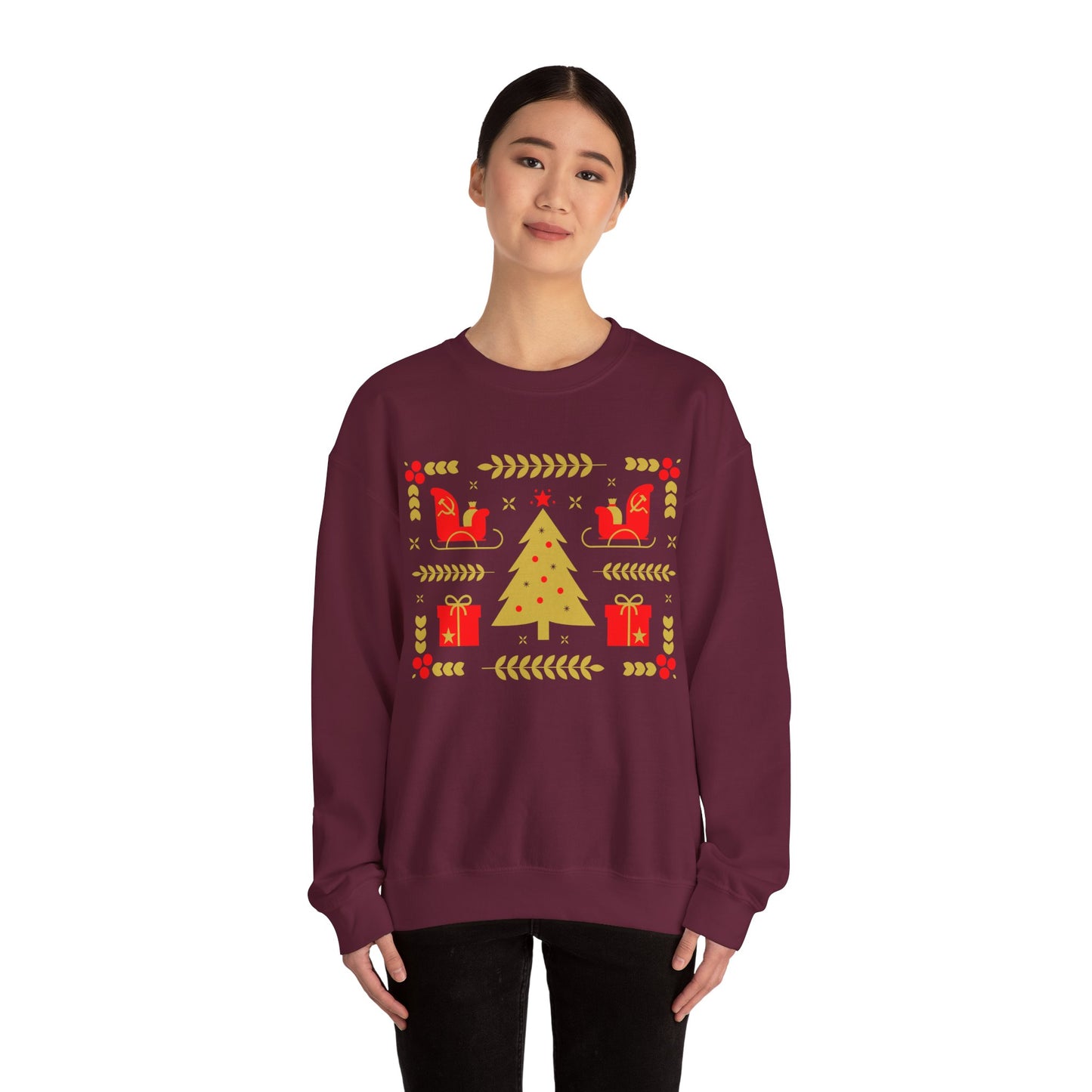 Communist Christmas Sweater with Tree Sleigh and Gifts Hammer and Sickle Socialist Christmas Unisex Heavy Blend Crewneck Sweatshirt