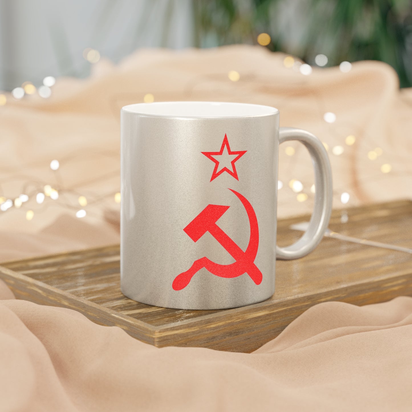 Socialist CCCP Red Hammer and Sickle Communist Leftist Ceramic Metallic Style Mug (Silver / Gold)