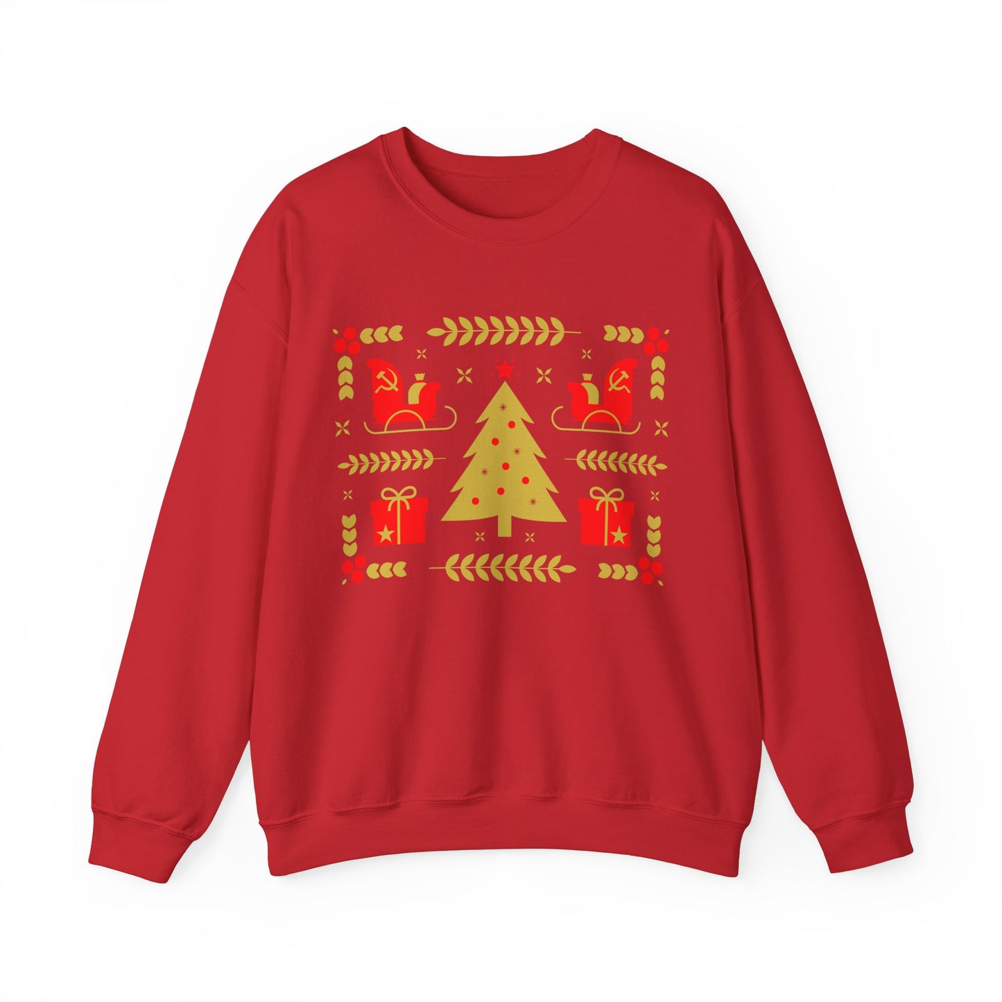 Communist Christmas Sweater with Tree Sleigh and Gifts Hammer and Sickle Socialist Christmas Unisex Heavy Blend Crewneck Sweatshirt