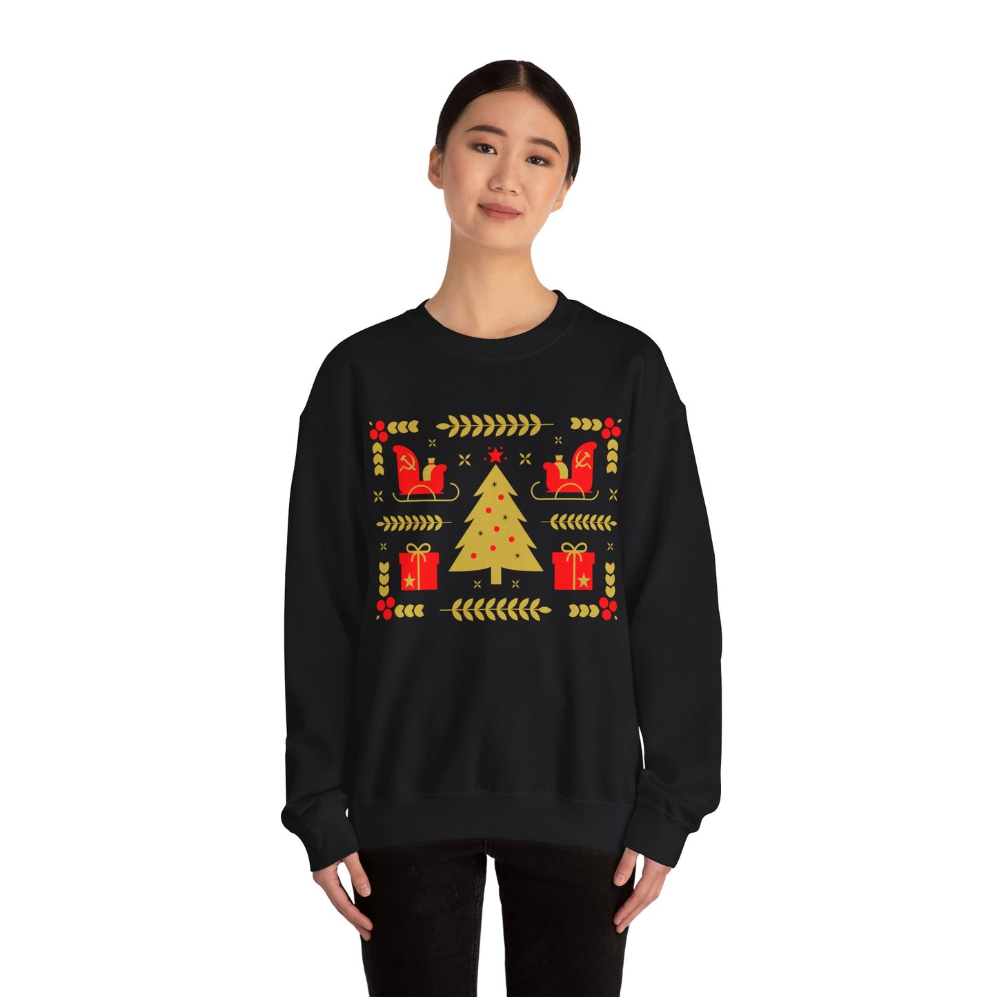 Communist Christmas Sweater with Tree Sleigh and Gifts Hammer and Sickle Socialist Christmas Unisex Heavy Blend Crewneck Sweatshirt