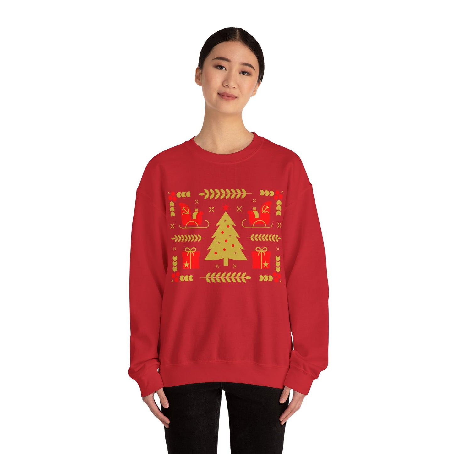 Communist Christmas Sweater with Tree Sleigh and Gifts Hammer and Sickle Socialist Christmas Unisex Heavy Blend Crewneck Sweatshirt