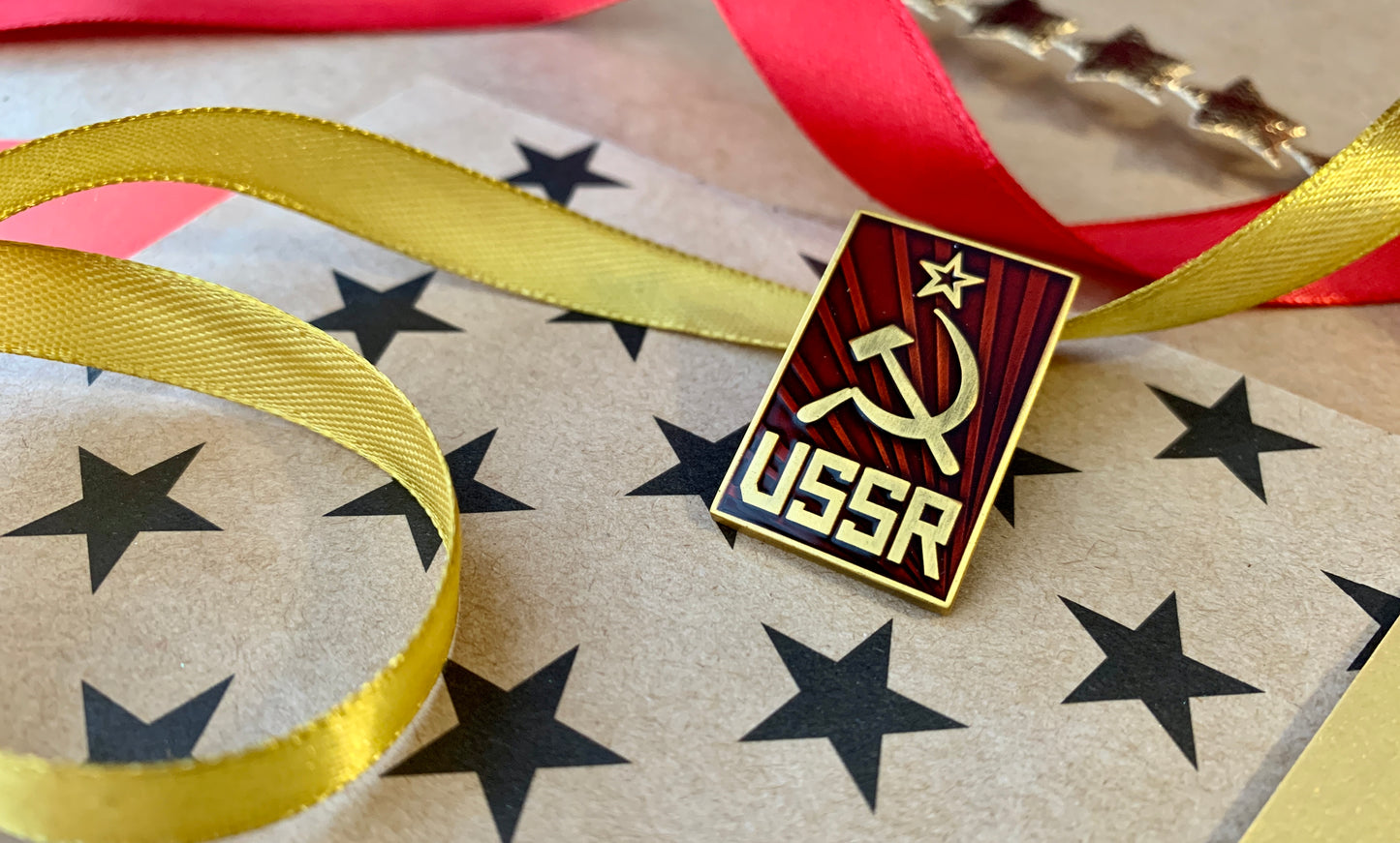 Communist USSR Hammer and Sickle with Ruby Red Sunburst Enamel Pin Badge