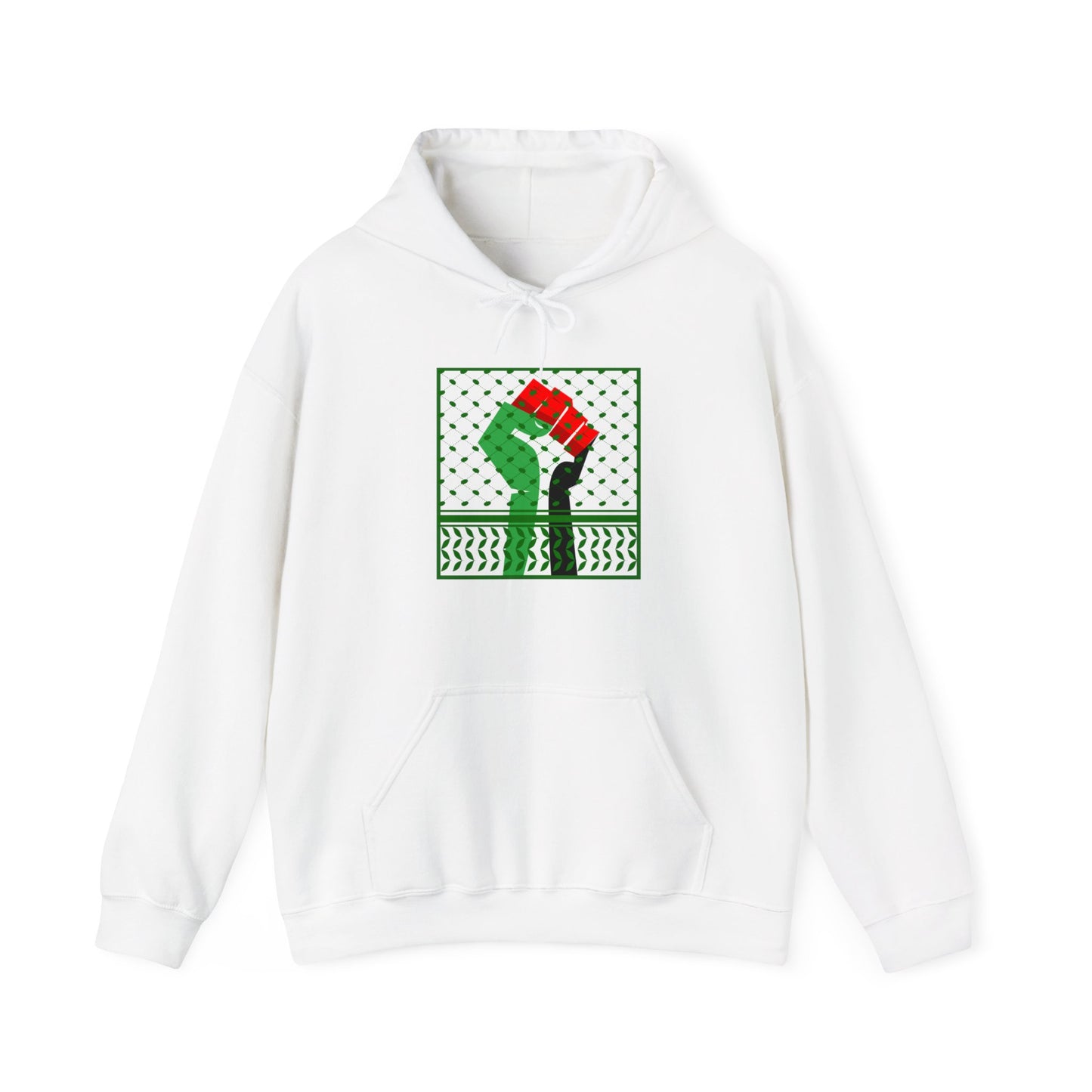 Palestine Solidarity Fist in Palestinian Flag Colours with Keffiyeh Style Design Free Palestine Free Gaza Heavy Blend™ Hooded Sweatshirt