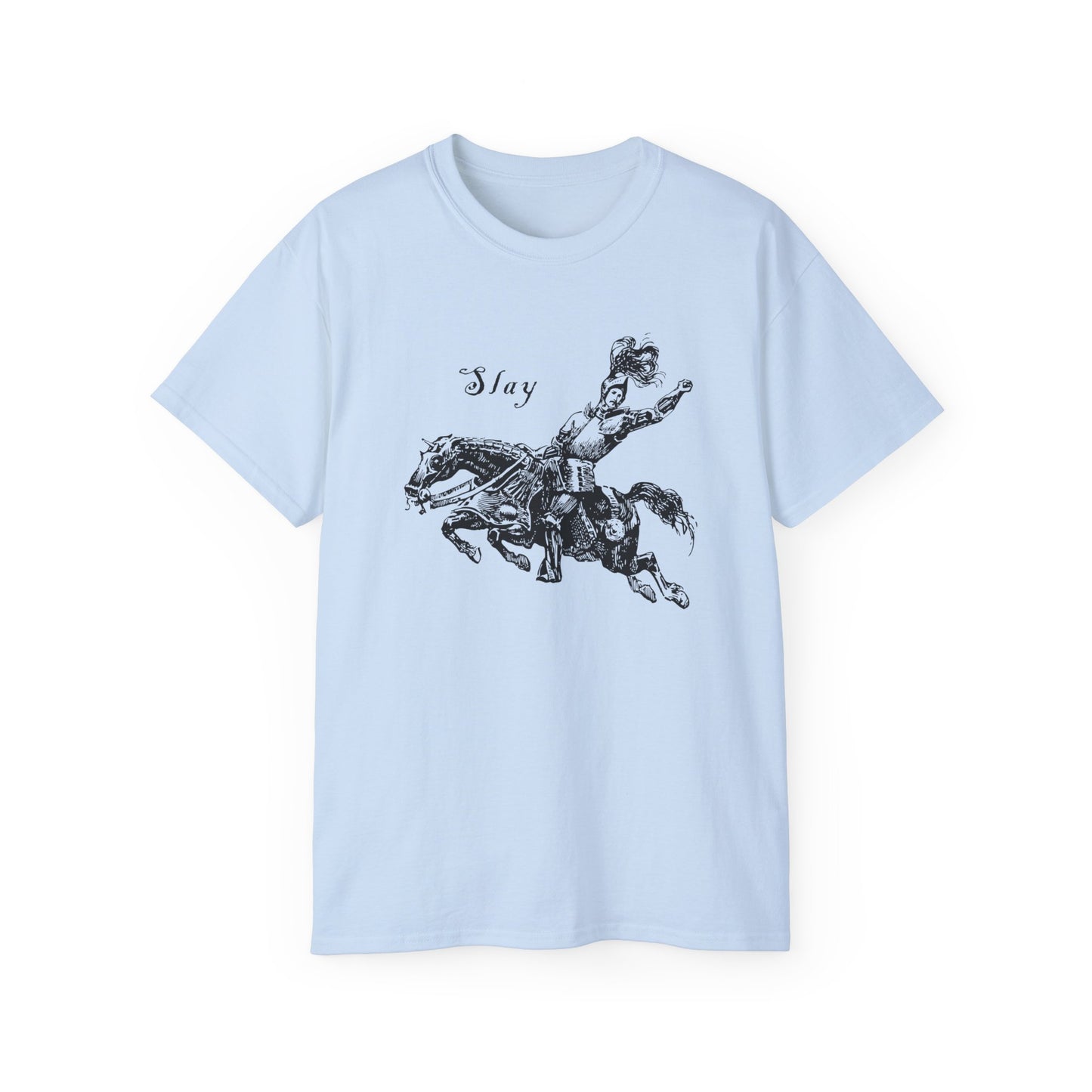 LGBTQ Plus Slay Knight on Galloping Charger Gay Lesbian Bi Trans Queer Warrior and Horse Medieval Print Unisex Ultra Cotton Tee