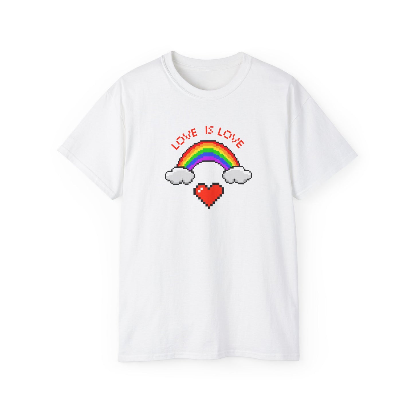 Love is Love Pixel Rainbow and Heart Pride LGBTQ Unisex Ultra Cotton Tee