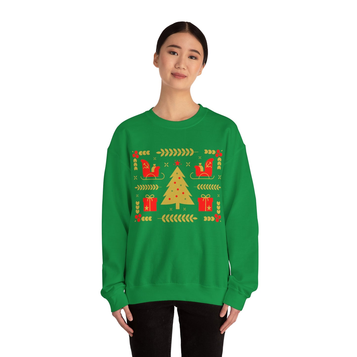 Communist Christmas Sweater with Tree Sleigh and Gifts Hammer and Sickle Socialist Christmas Unisex Heavy Blend Crewneck Sweatshirt