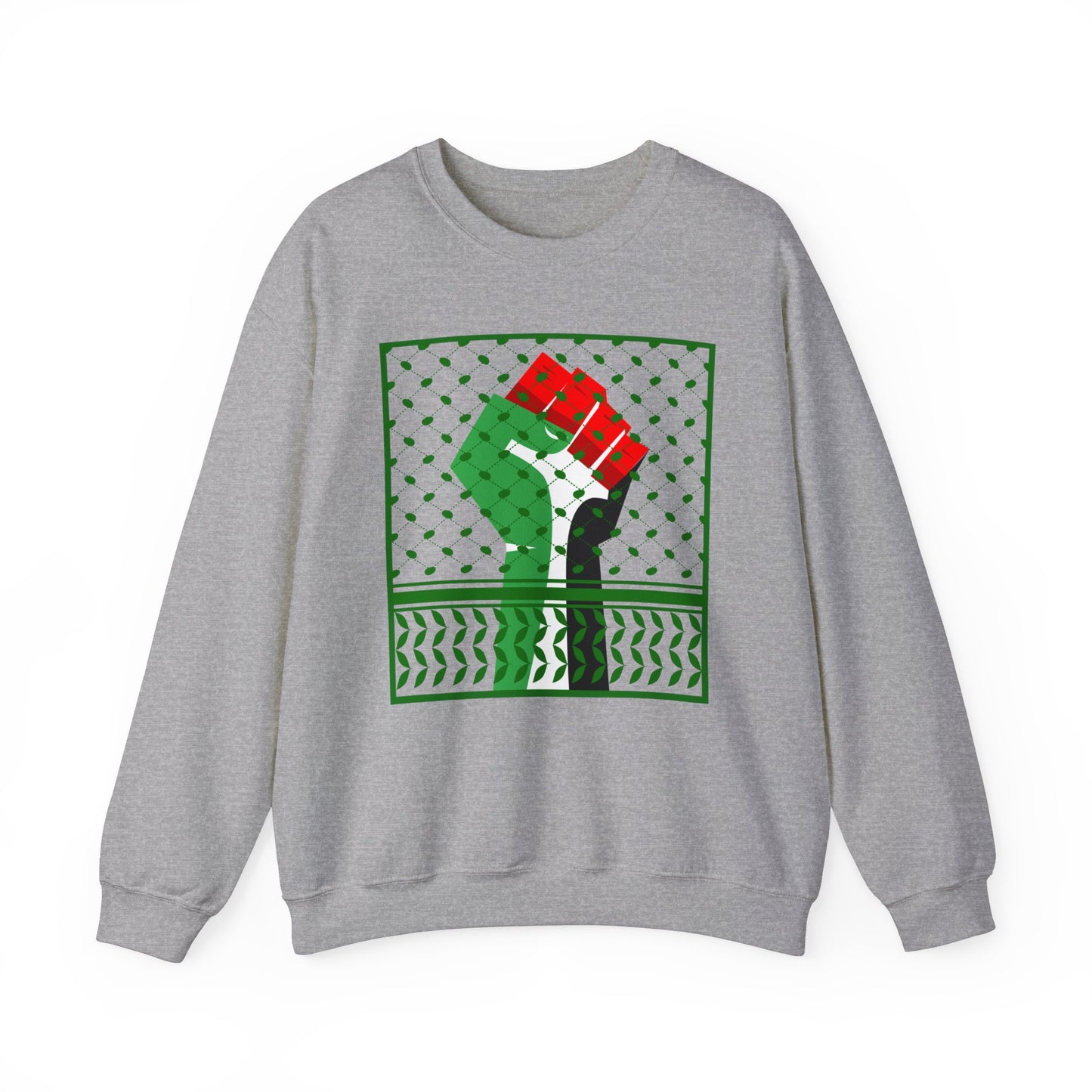 Palestine Solidarity Fist in Palestinian Flag Colours with Keffiyeh Style Design Free Palestine Free Gaza Heavy Blend™ Crewneck Sweatshirt