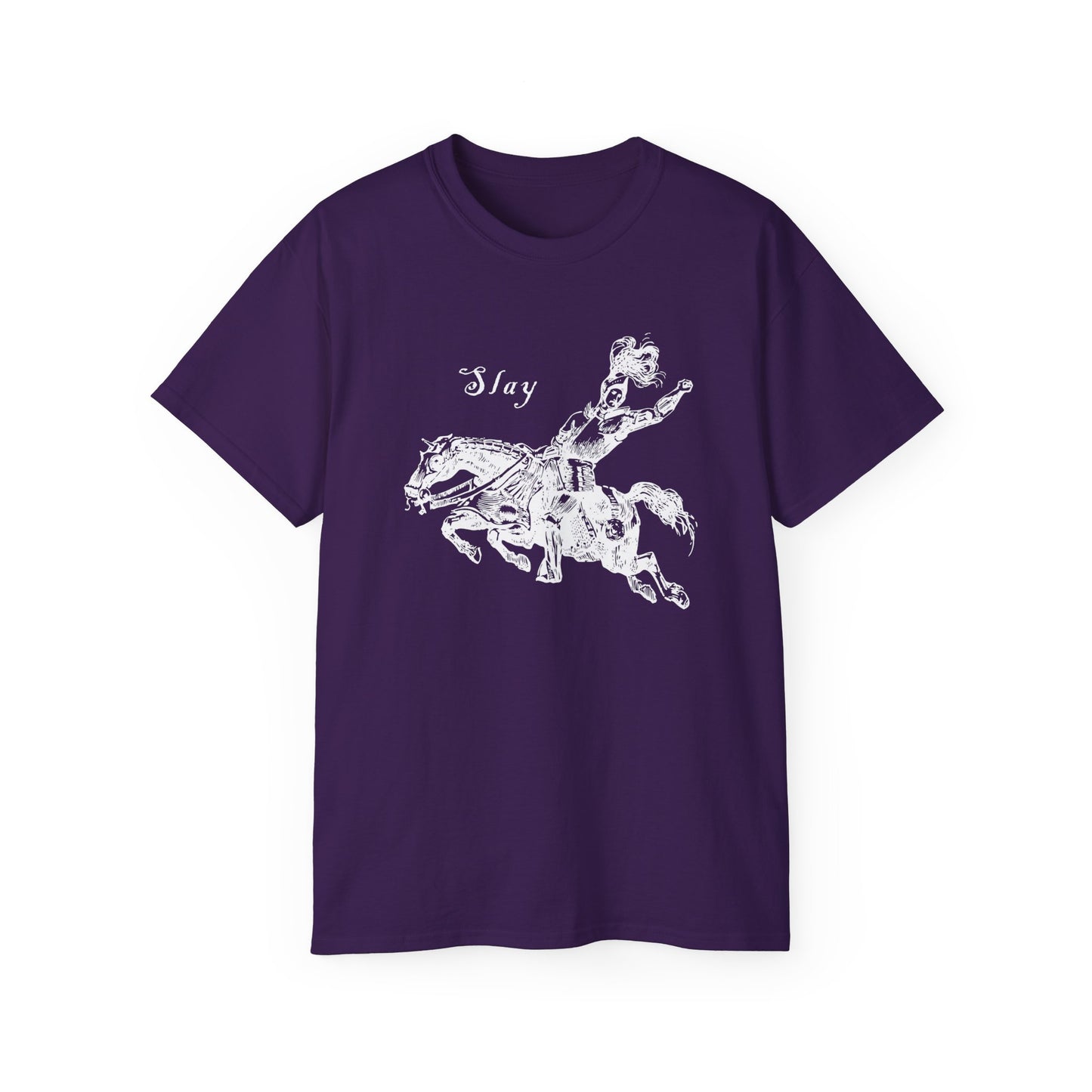 LGBTQ Plus Slay Knight on Galloping Charger Gay Lesbian Bi Trans Queer Warrior and Horse Medieval Print Unisex Ultra Cotton Tee