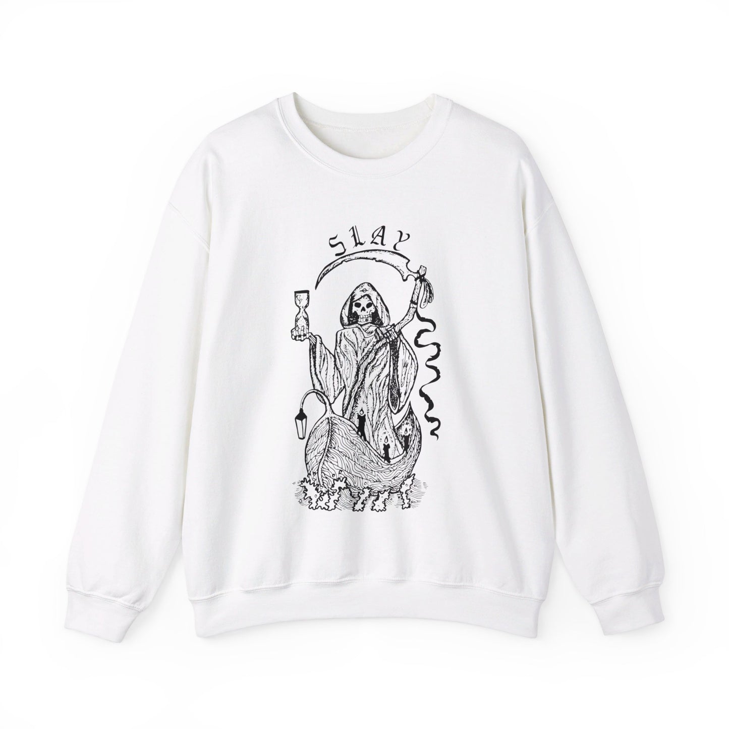 LGBTQ Plus Slay Grim Reaper Crossing The River Styx The Ferry Man with Scythe Gay Lesbian Trans Drag Pride Heavy Blend™ Crewneck Sweatshirt