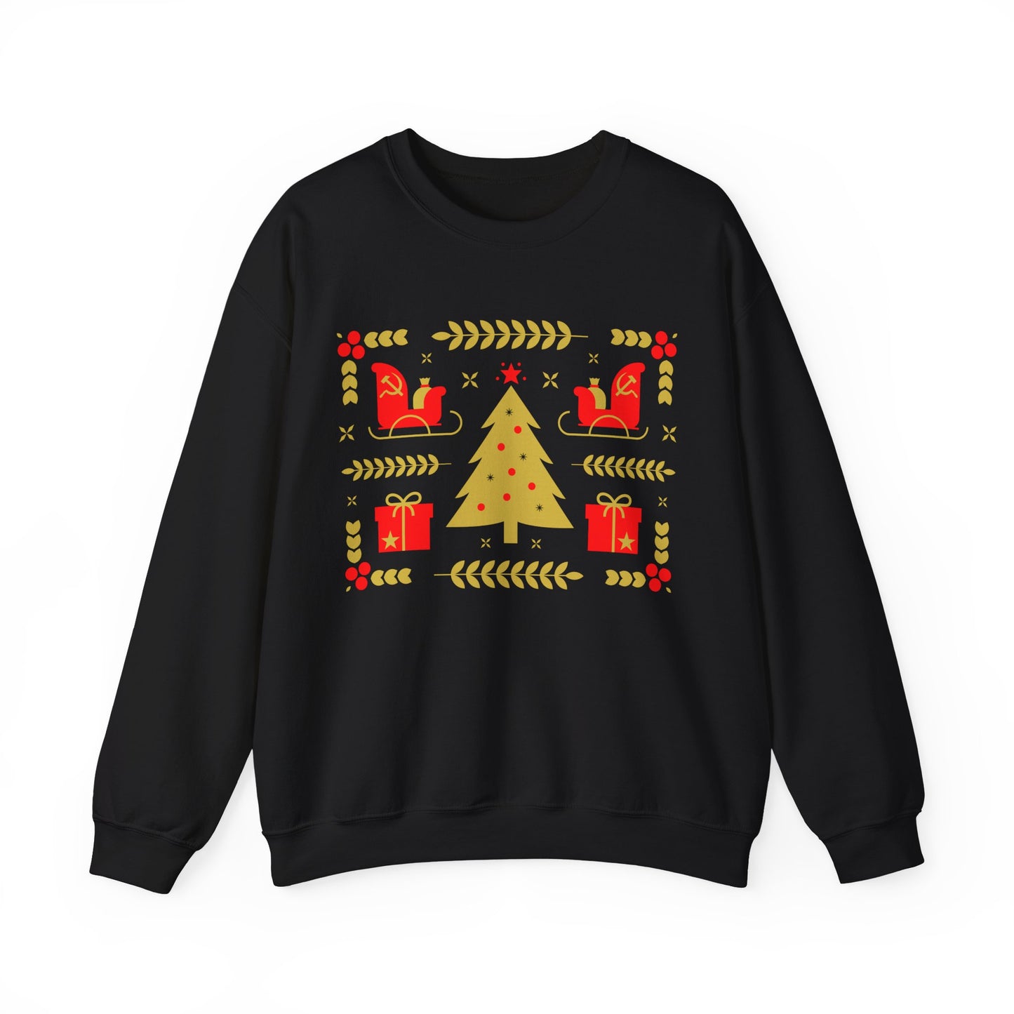 Communist Christmas Sweater with Tree Sleigh and Gifts Hammer and Sickle Socialist Christmas Unisex Heavy Blend Crewneck Sweatshirt