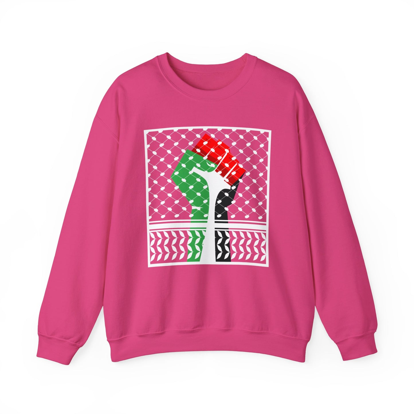 Palestine Solidarity Fist in Palestinian Flag Colours with Keffiyeh Style Design Free Palestine Free Gaza Heavy Blend™ Crewneck Sweatshirt