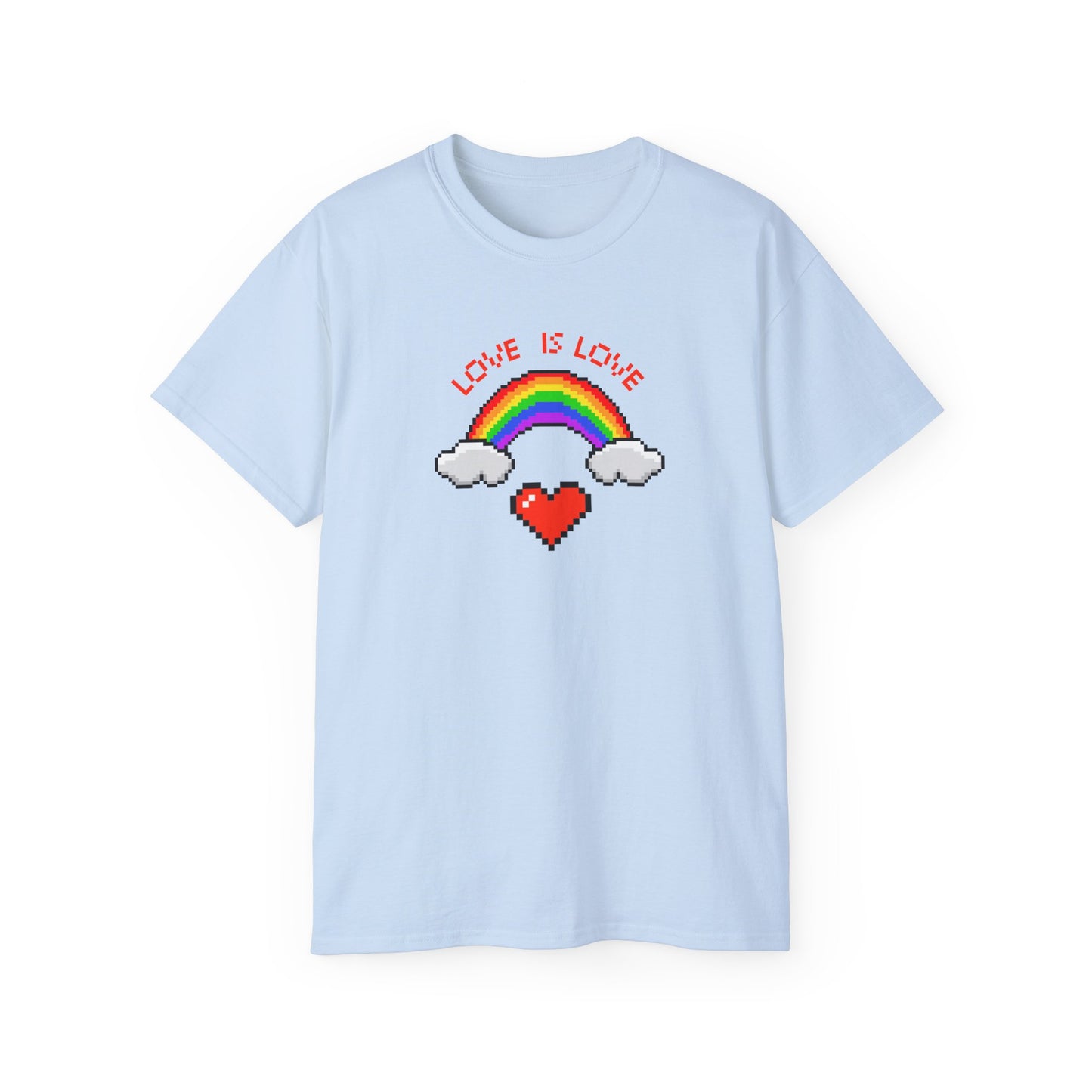 Love is Love Pixel Rainbow and Heart Pride LGBTQ Unisex Ultra Cotton Tee