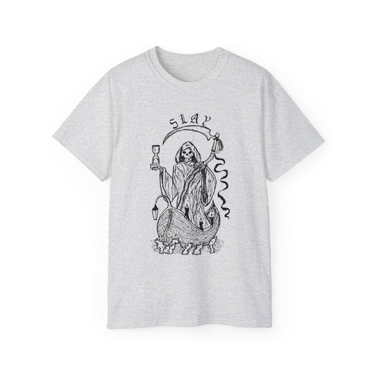 LGBTQ Plus Slay Grim Reaper Crossing The River Styx The Ferry Man with Scythe Gay Lesbian Trans Drag Pride Unisex Ultra Cotton Tee