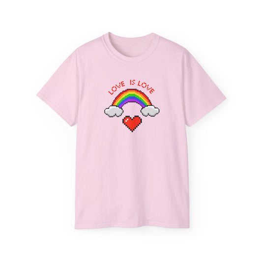 Love is Love Pixel Rainbow and Heart Pride LGBTQ Unisex Ultra Cotton Tee