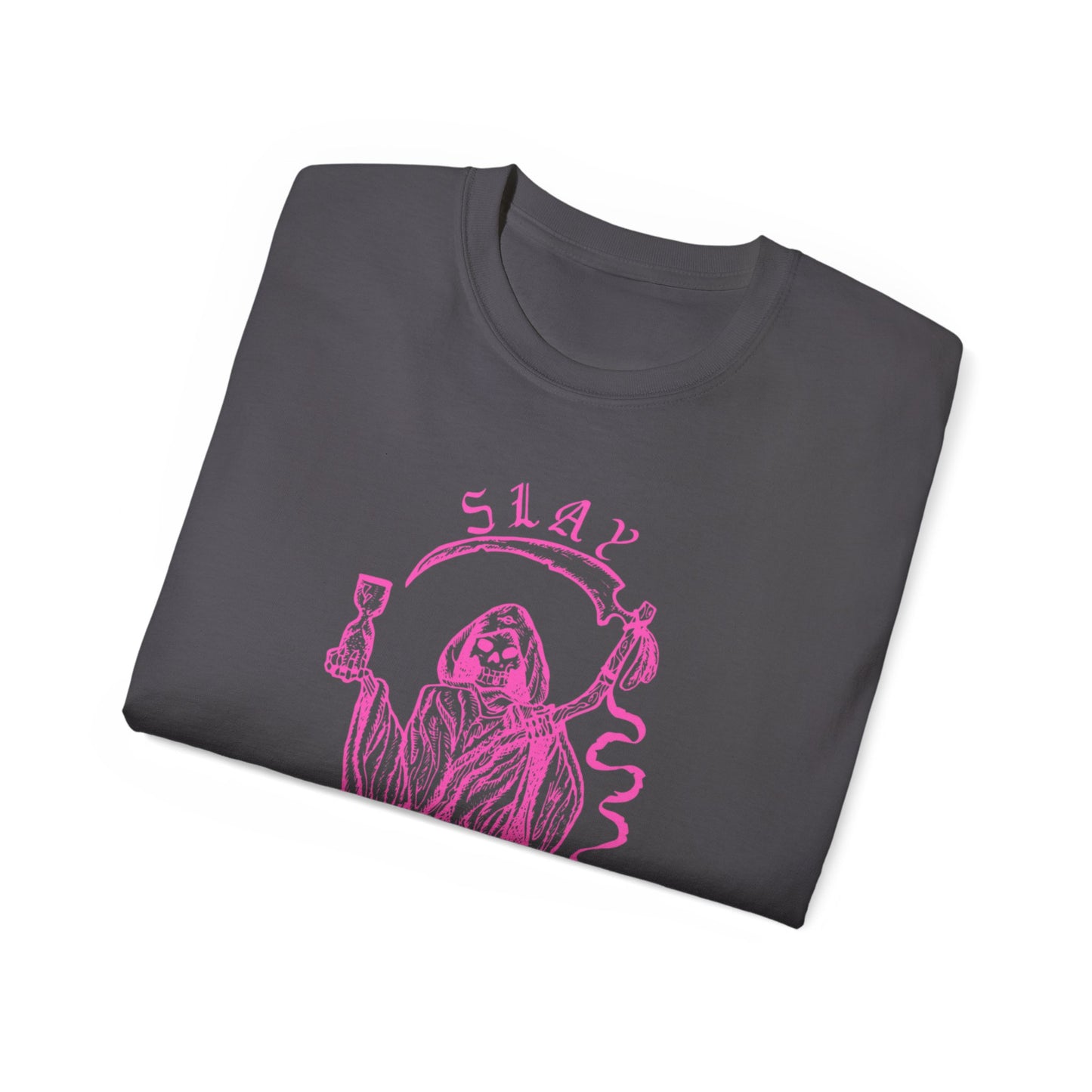 LGBTQ Plus Slay Grim Reaper Crossing The River Styx The Ferry Man with Scythe Gay Lesbian Trans Drag Pride Unisex Ultra Cotton Tee