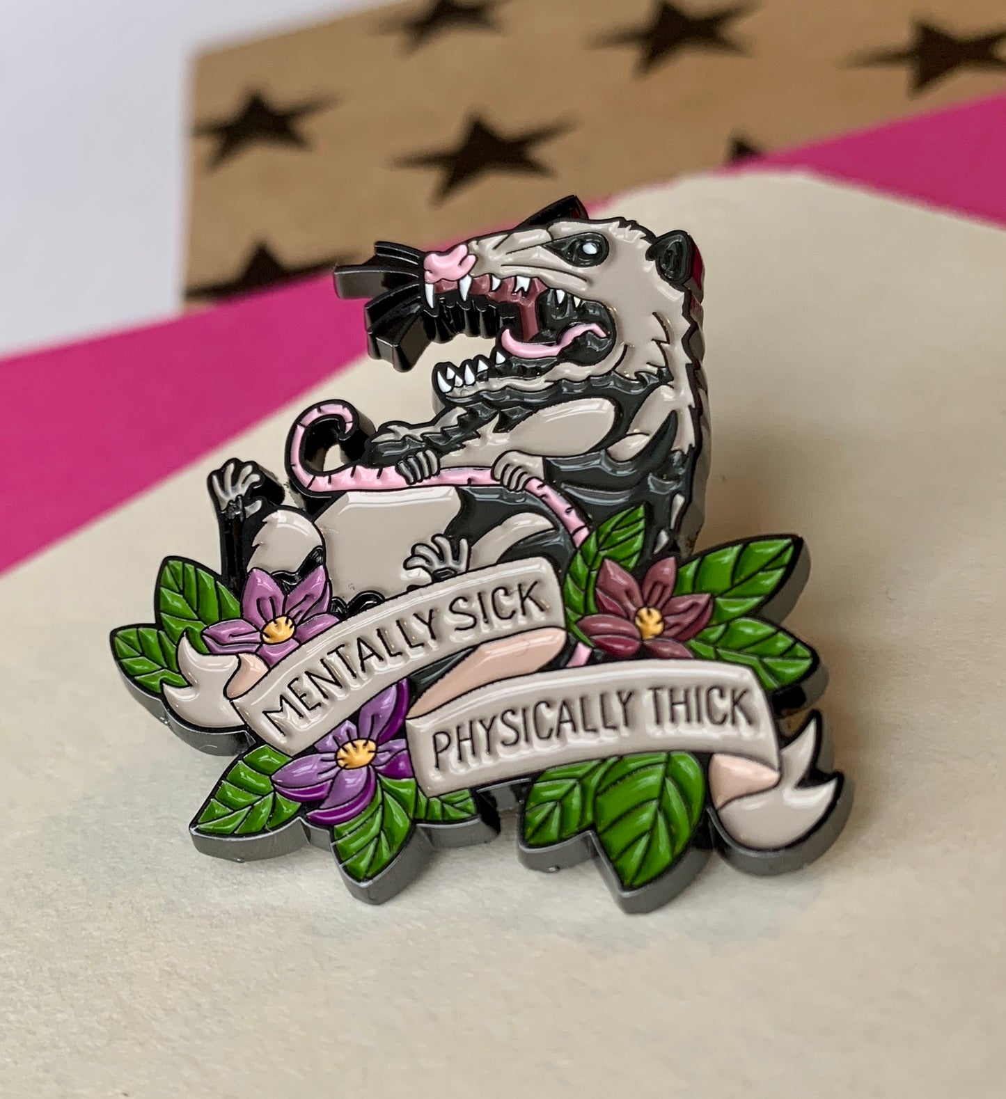 Mentally Sick Physically Thick Possum Meme Mental Health Body Positivity Enamel Pin Badge