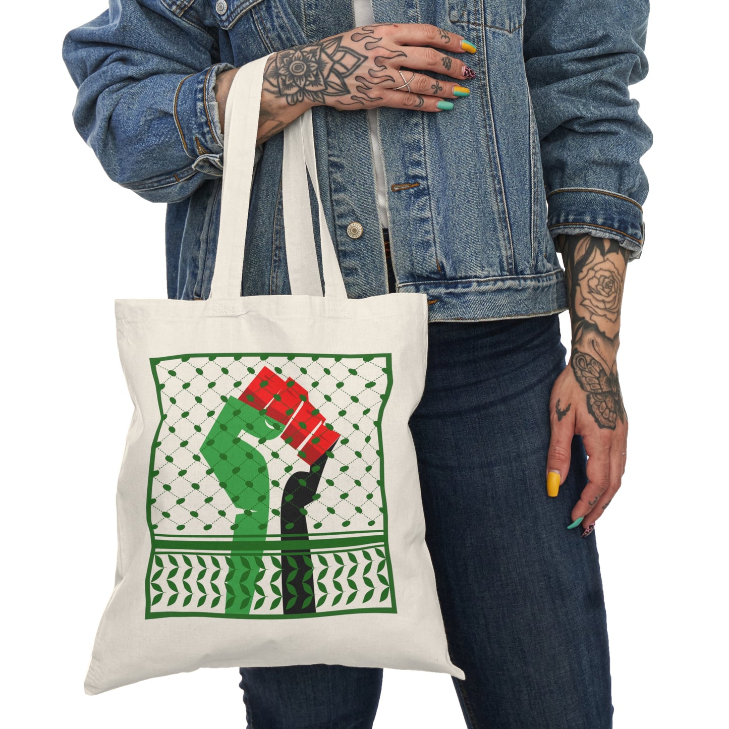 Palestine Solidarity Fist in Palestinian Flag Colours with Keffiyeh Style Design Free Palestine Free Gaza Natural Tote Bag