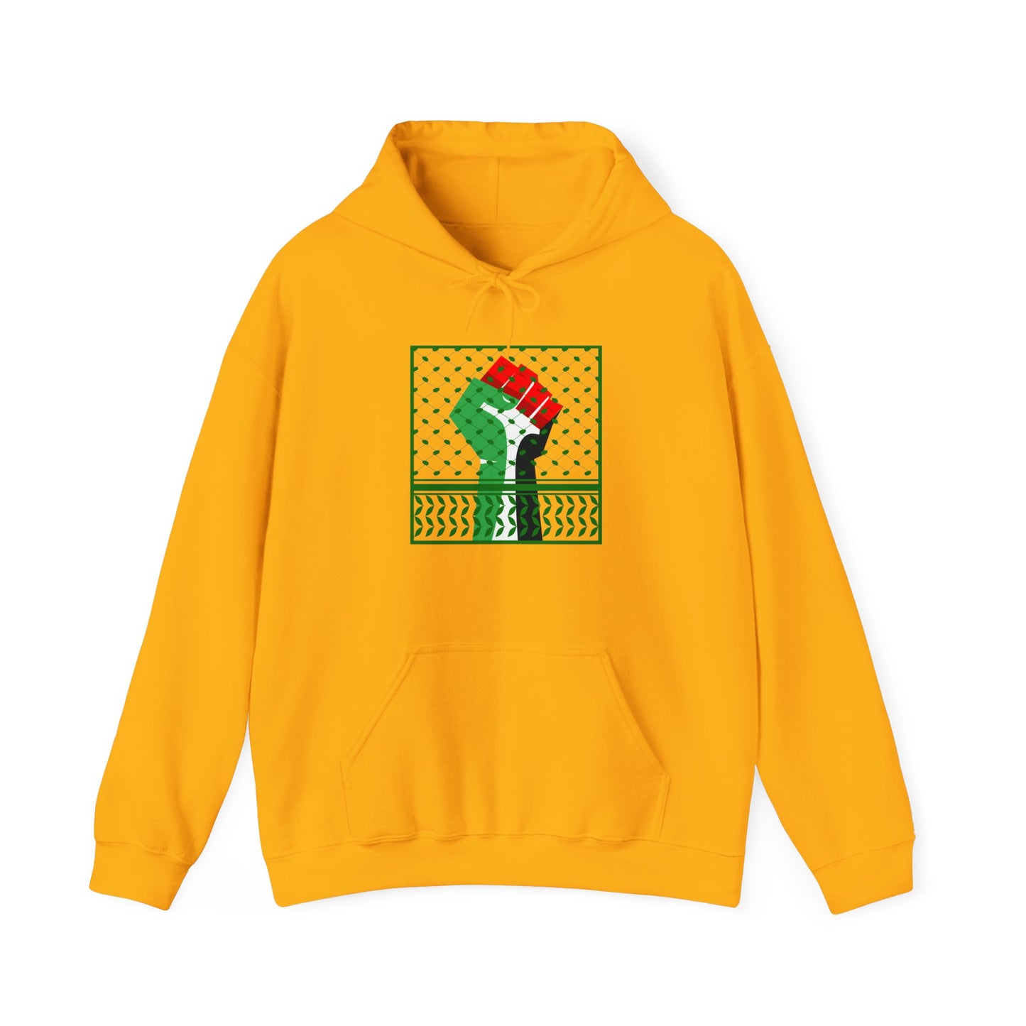 Palestine Solidarity Fist in Palestinian Flag Colours with Keffiyeh Style Design Free Palestine Free Gaza Heavy Blend™ Hooded Sweatshirt