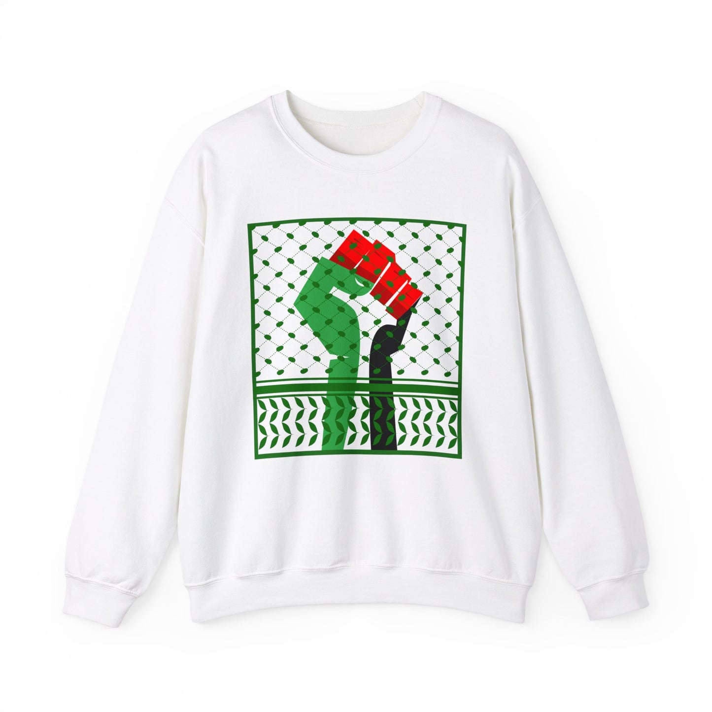 Palestine Solidarity Fist in Palestinian Flag Colours with Keffiyeh Style Design Free Palestine Free Gaza Heavy Blend™ Crewneck Sweatshirt