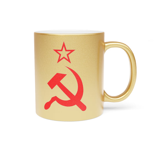 Socialist CCCP Red Hammer and Sickle Communist Leftist Ceramic Metallic Style Mug (Silver / Gold)