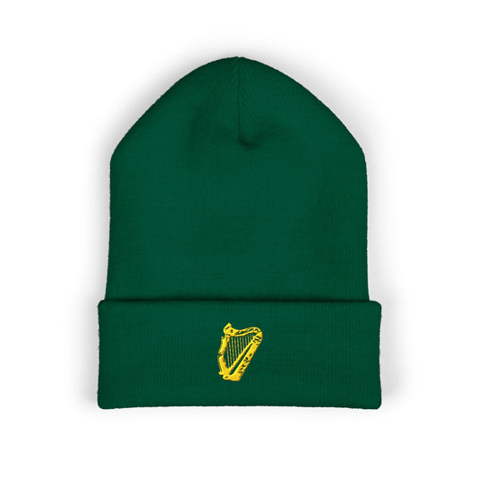 Irish St Patrick's Day Embroidered Gold Harp Cuffed Ireland Erin go Bragh Beanie Hat