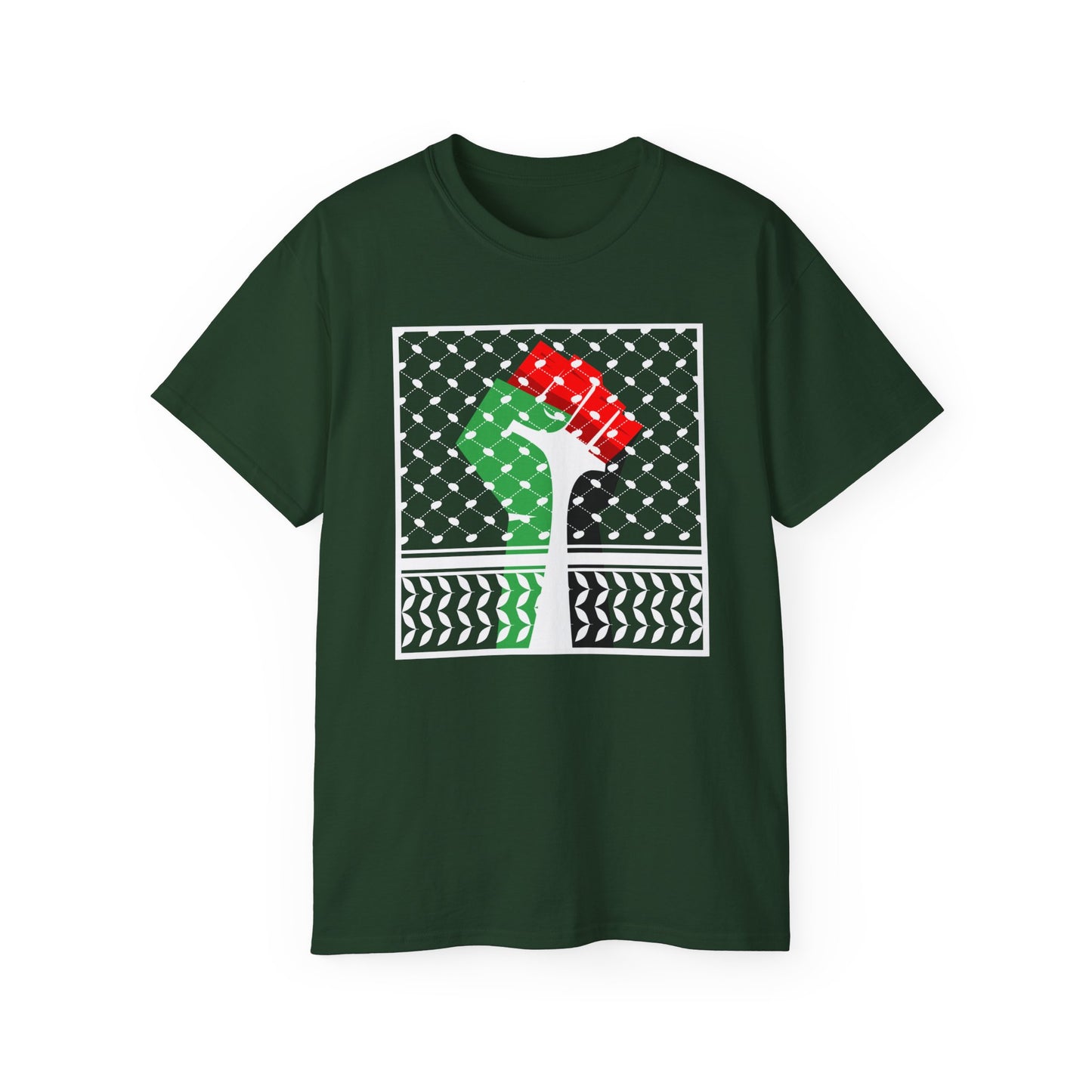 Palestine Solidarity Fist in Palestinian Flag Colours with Keffiyeh Style Design Free Palestine Free Gaza Unisex Ultra Cotton Tee