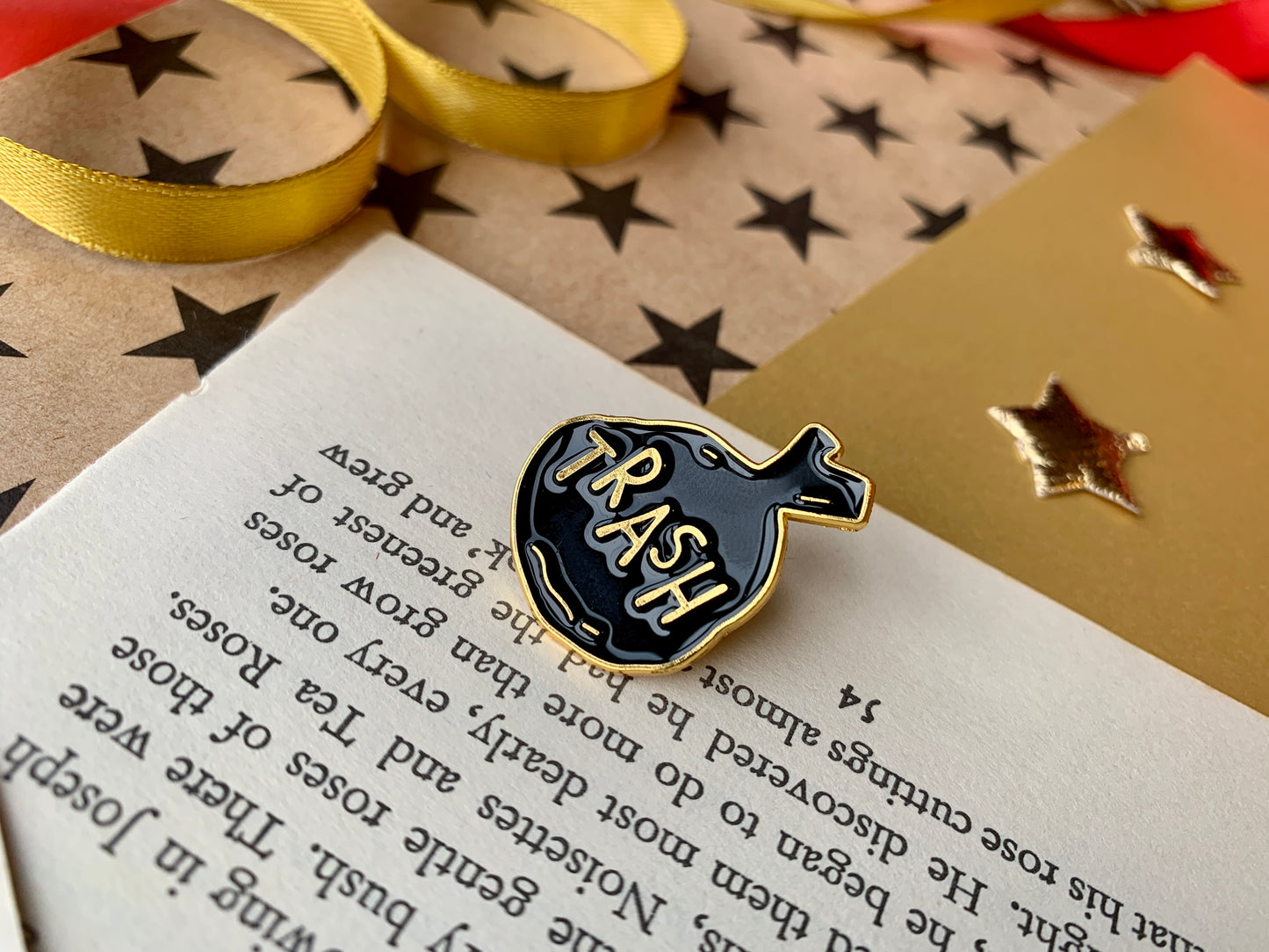 Trash Bag Black and Gold Punk Enamel Pin Badge