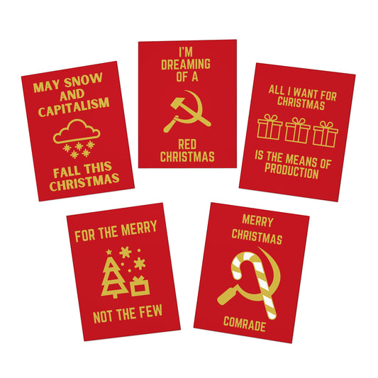 Leftist Christmas Hammer and Sickle Communist Tree Red Christmas Socialist Candy Cane Multi-Design Christmas Cards (5-Pack)