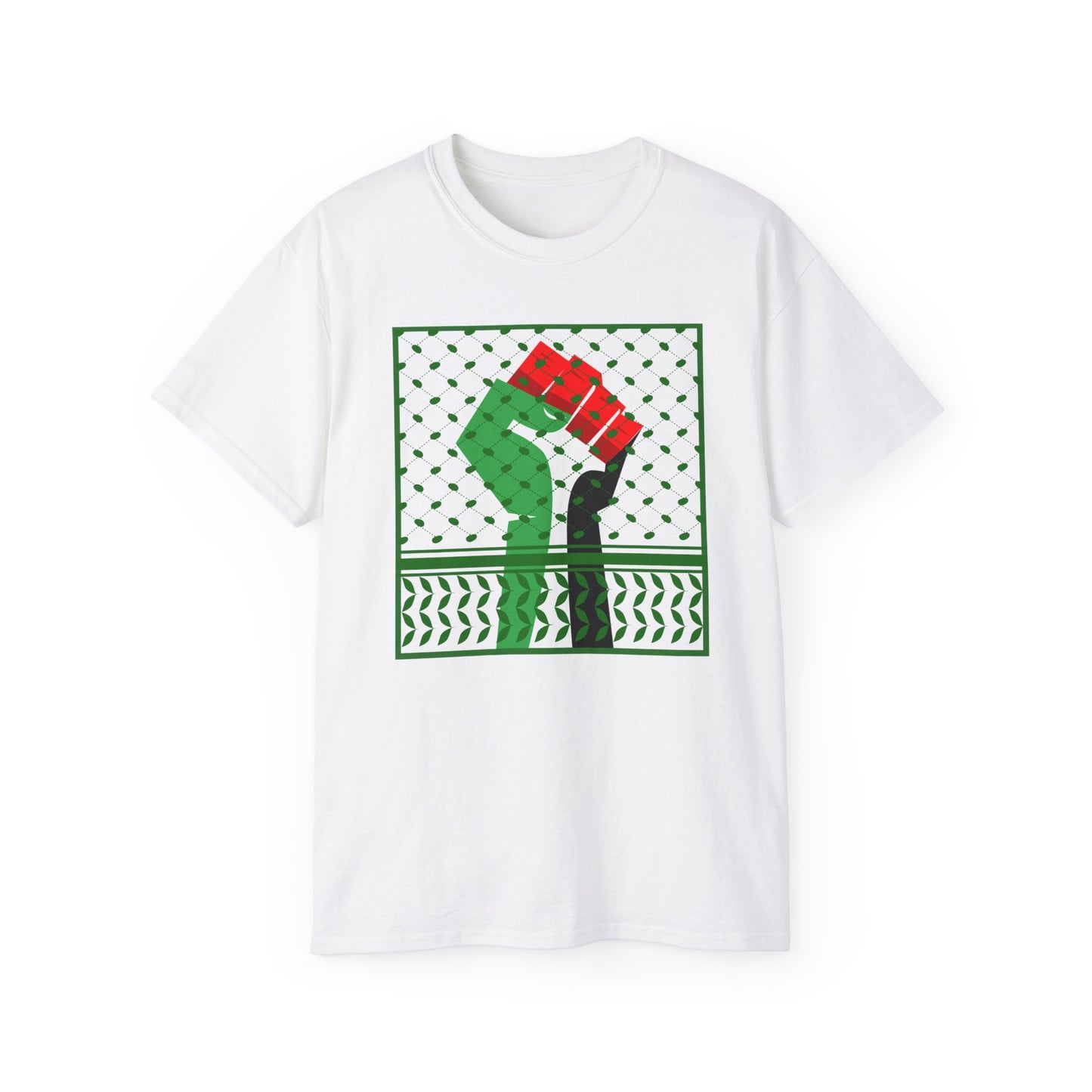 Palestine Solidarity Fist in Palestinian Flag Colours with Keffiyeh Style Design Free Palestine Free Gaza Unisex Ultra Cotton Tee