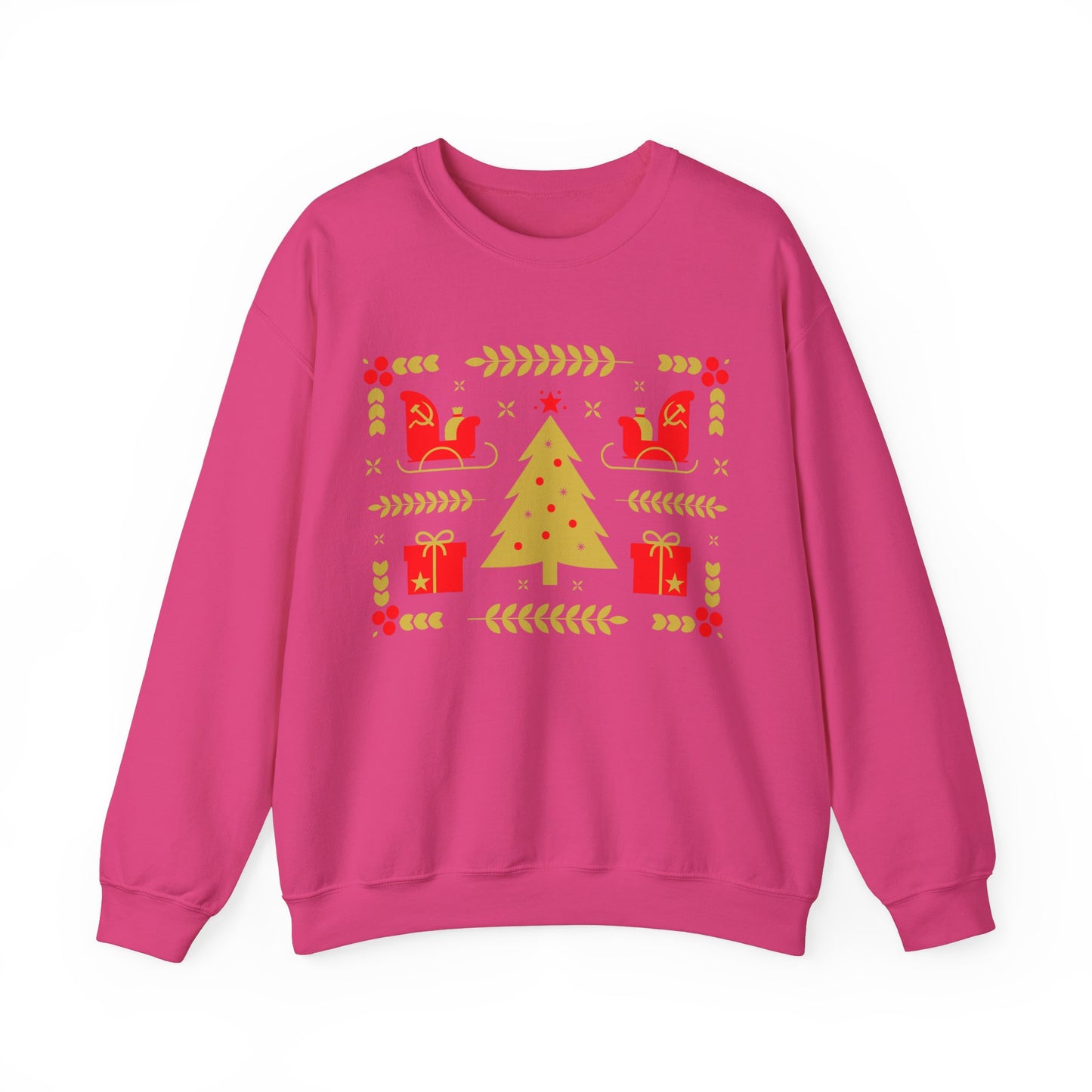 Communist Christmas Sweater with Tree Sleigh and Gifts Hammer and Sickle Socialist Christmas Unisex Heavy Blend Crewneck Sweatshirt