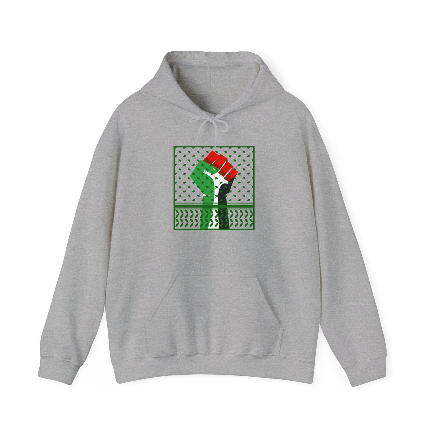 Palestine Solidarity Fist in Palestinian Flag Colours with Keffiyeh Style Design Free Palestine Free Gaza Heavy Blend™ Hooded Sweatshirt