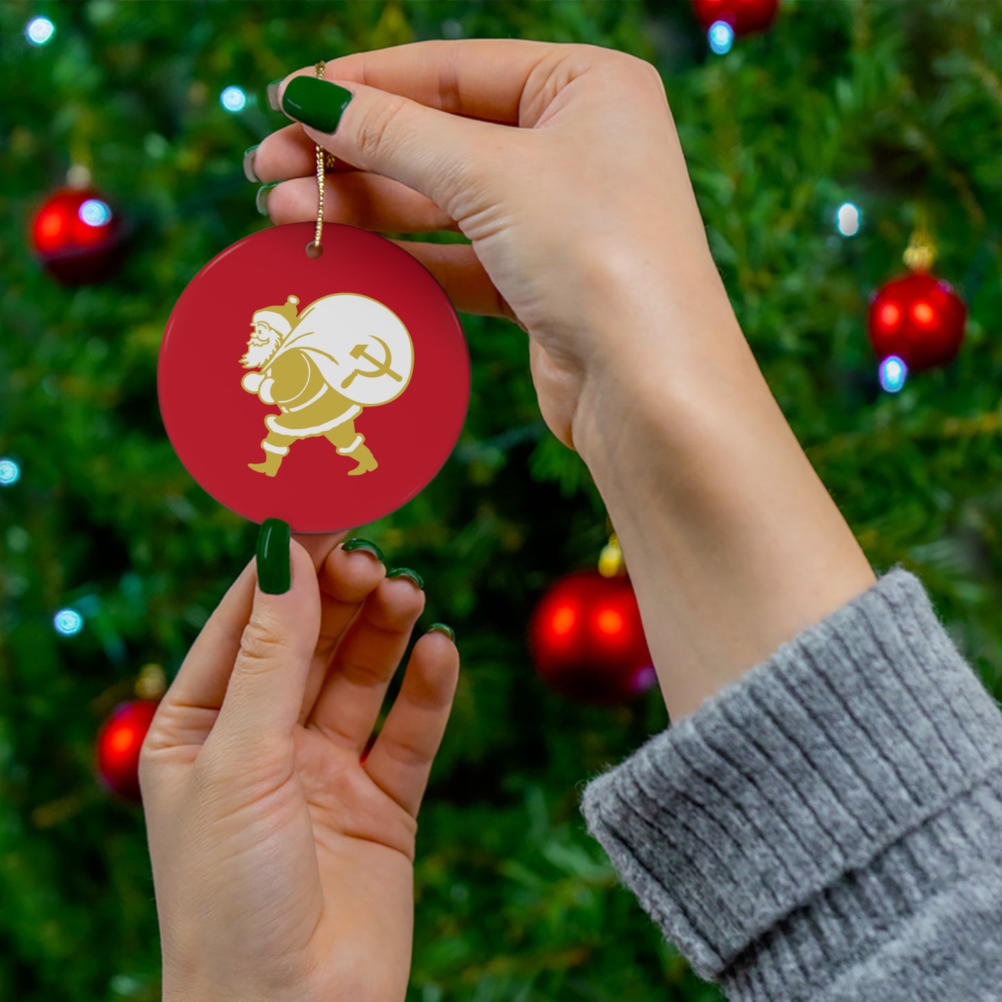 Socialist Santa Leftist Father Christmas with Hammer and Sickle Sack Communist Christmas Bauble Ceramic Ornament