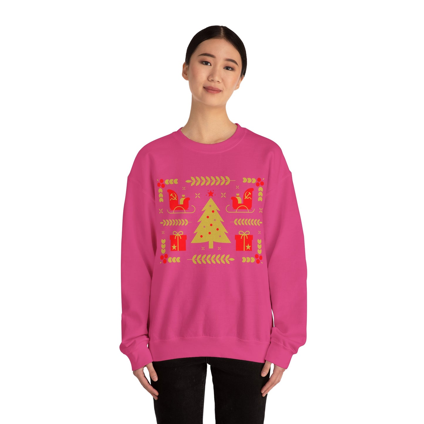 Communist Christmas Sweater with Tree Sleigh and Gifts Hammer and Sickle Socialist Christmas Unisex Heavy Blend Crewneck Sweatshirt