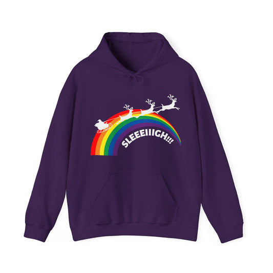 Santa with Reindeer and Sleigh LGBTQ Plus Rainbow Sleeeiiigh! Gay Christmas Hoodie Unisex Heavy Blend™ Hooded Sweatshirt