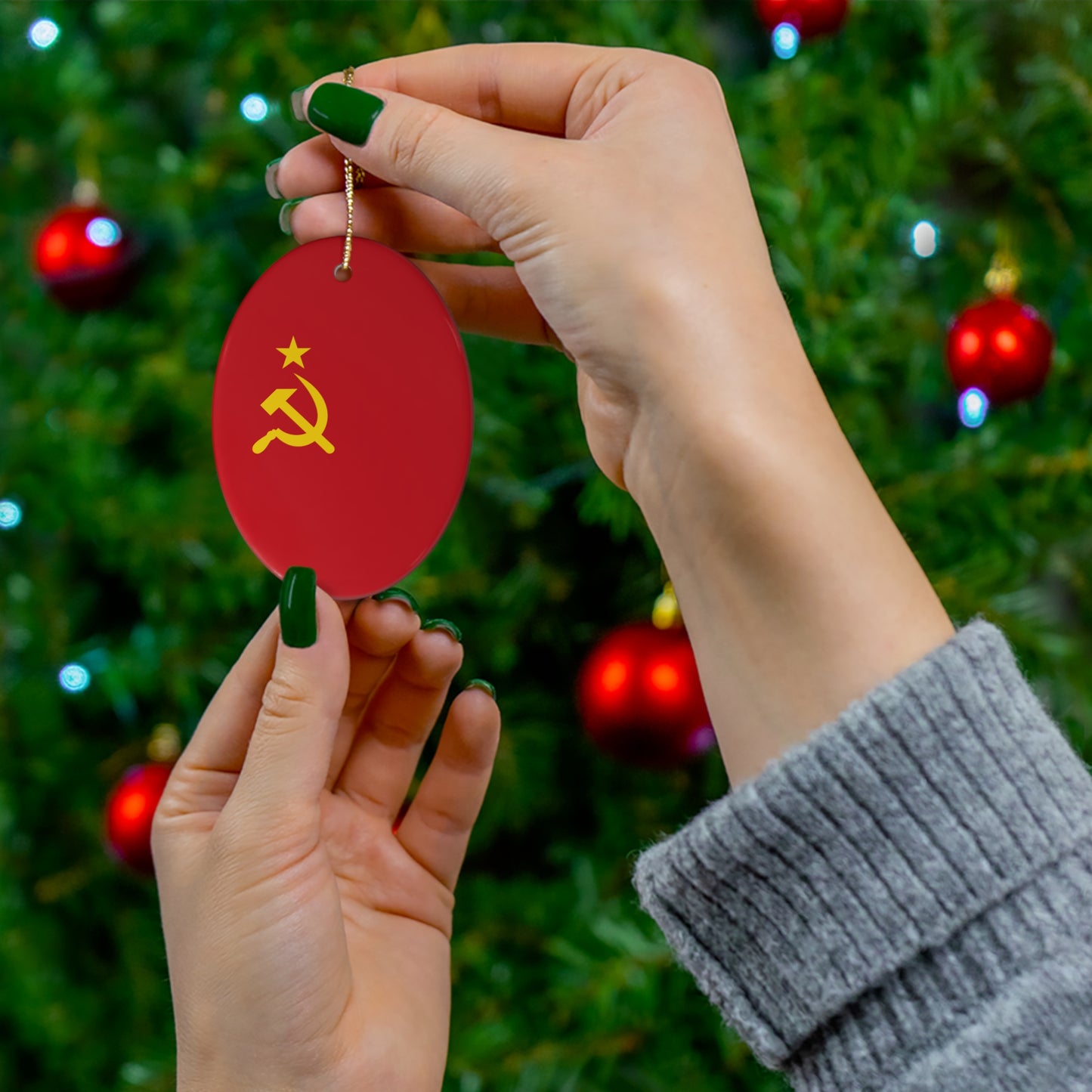 Communist The Red Flag Christmas Tee Socialist Yellow Hammer and Sickle Ceramic Christmas Bauble Ornament