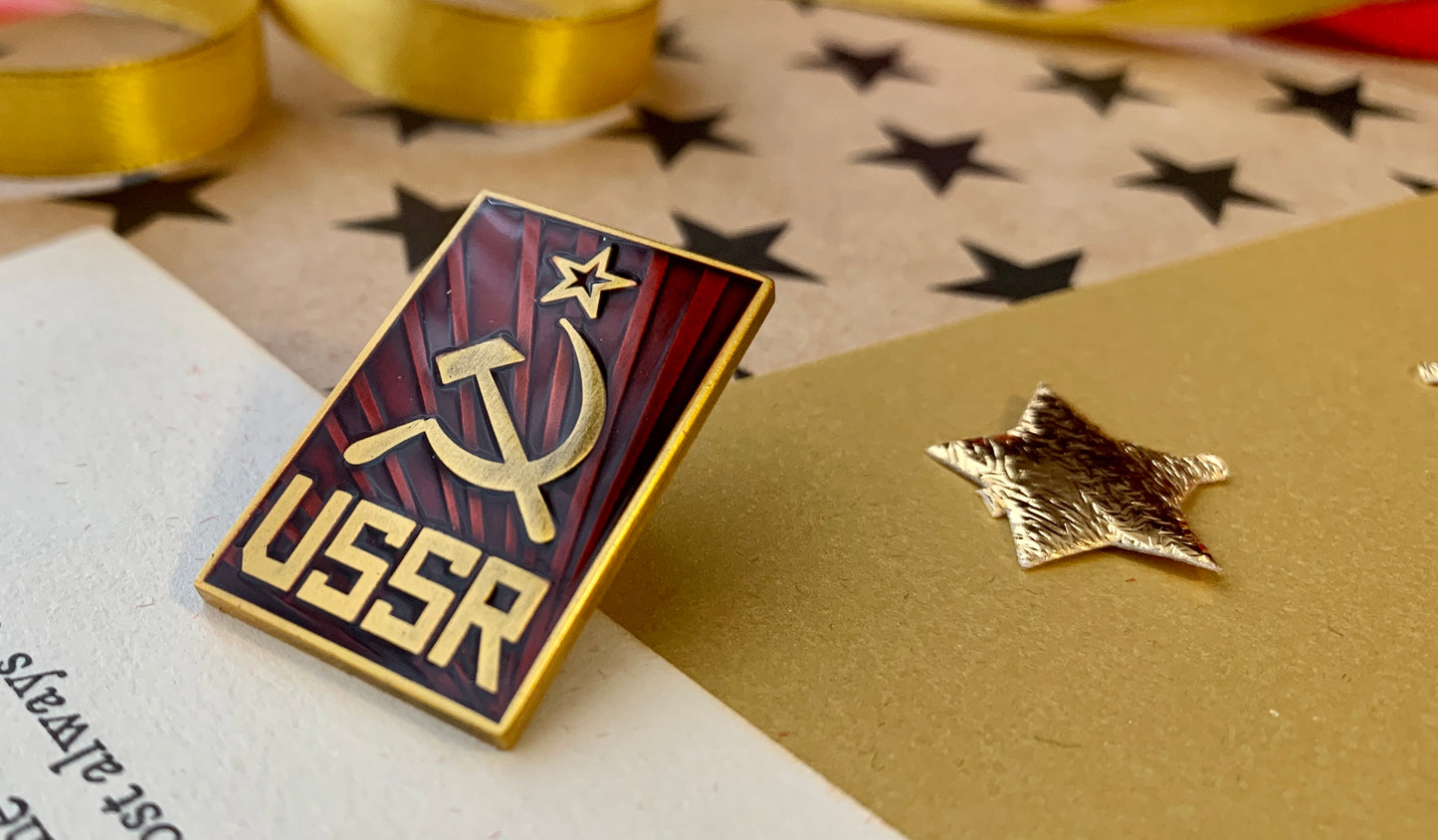Communist USSR Hammer and Sickle with Ruby Red Sunburst Enamel Pin Badge