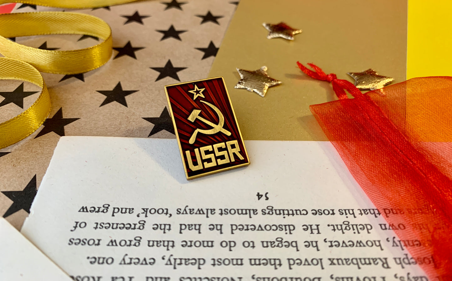 Communist USSR Hammer and Sickle with Ruby Red Sunburst Enamel Pin Badge